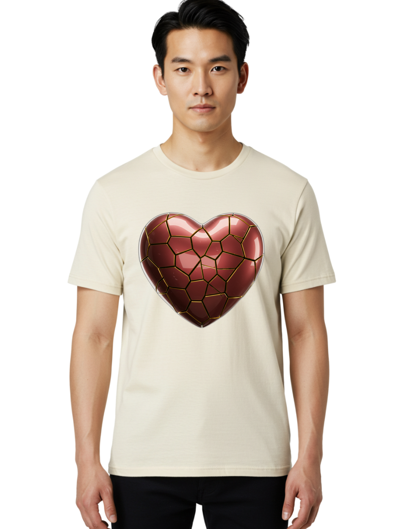 Cracked-Heart Men'S Graphic Tee, 100% Cotton, Comfortable Casual Summer Wear, Machine Washable, Mosaic Heart, Red Heart, Geometric Pattern, Cracked Heart, Love Symbol, Broken Heart, Heart Art, Valentines Day, Mosaic Art, Red Mosaic, Bae016