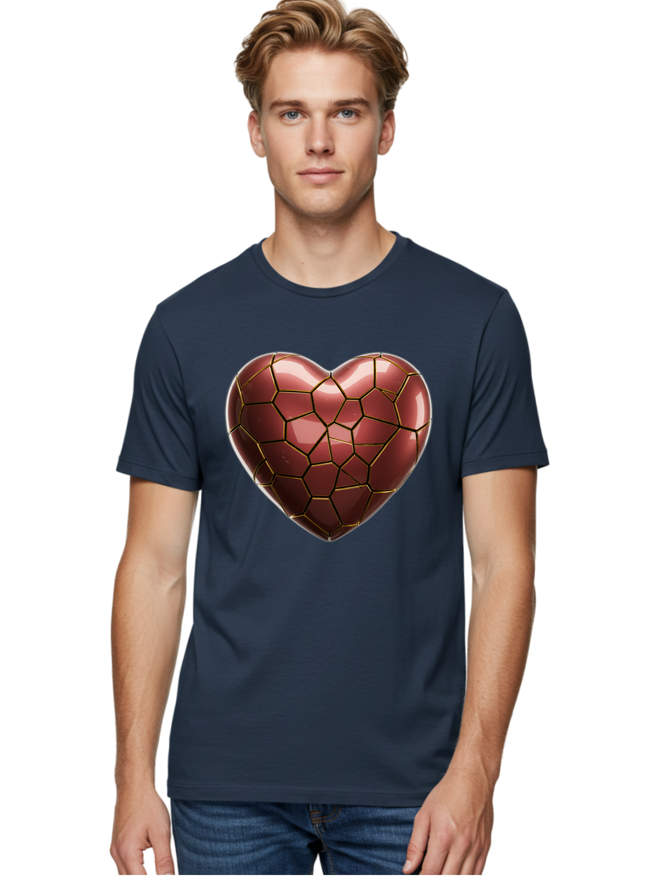 Cracked-Heart Men'S Graphic Tee, 100% Cotton, Comfortable Casual Summer Wear, Machine Washable, Mosaic Heart, Red Heart, Geometric Pattern, Cracked Heart, Love Symbol, Broken Heart, Heart Art, Valentines Day, Mosaic Art, Red Mosaic, Bae016
