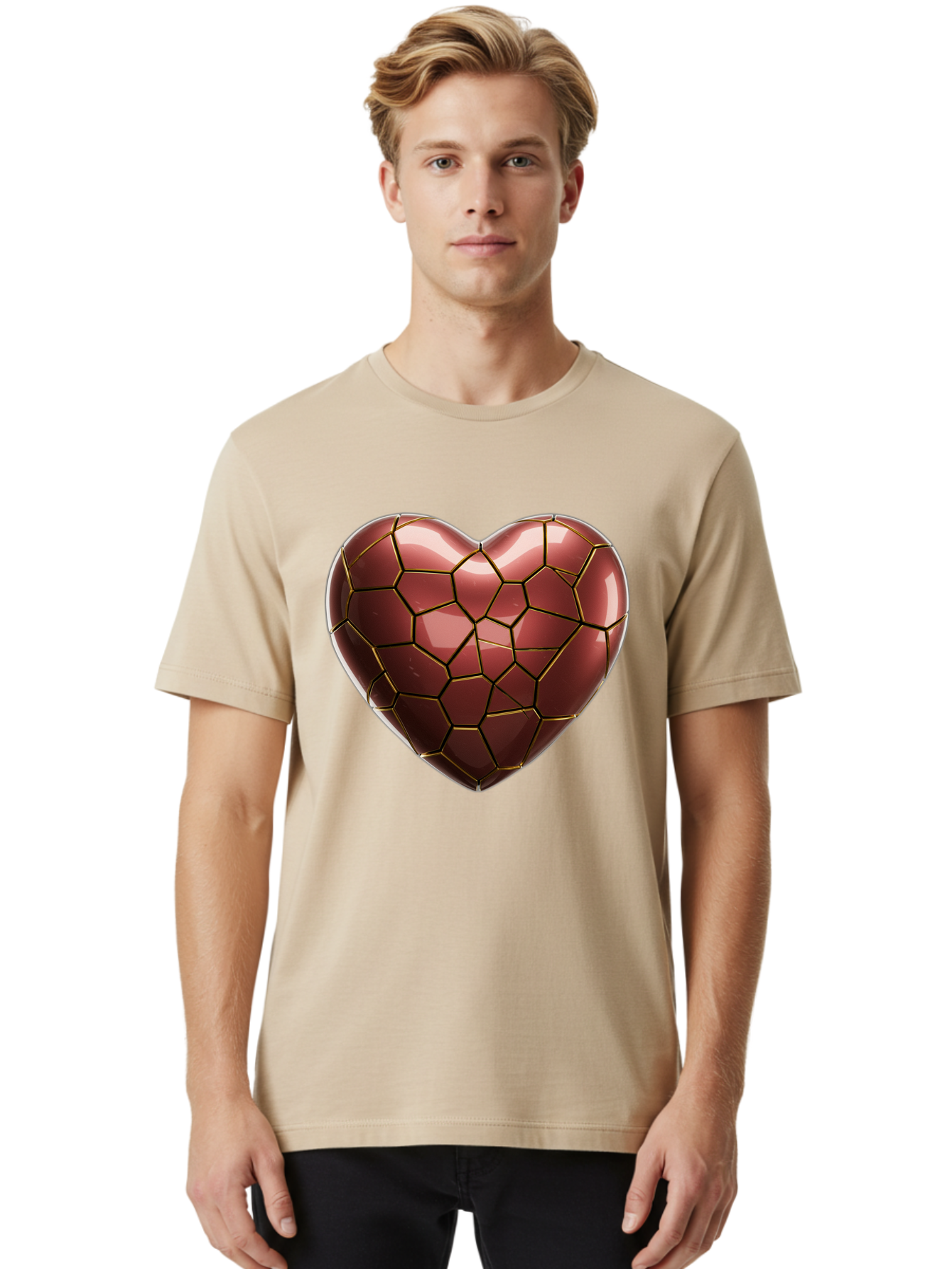 Cracked-Heart Men'S Graphic Tee, 100% Cotton, Comfortable Casual Summer Wear, Machine Washable, Mosaic Heart, Red Heart, Geometric Pattern, Cracked Heart, Love Symbol, Broken Heart, Heart Art, Valentines Day, Mosaic Art, Red Mosaic, Bae016