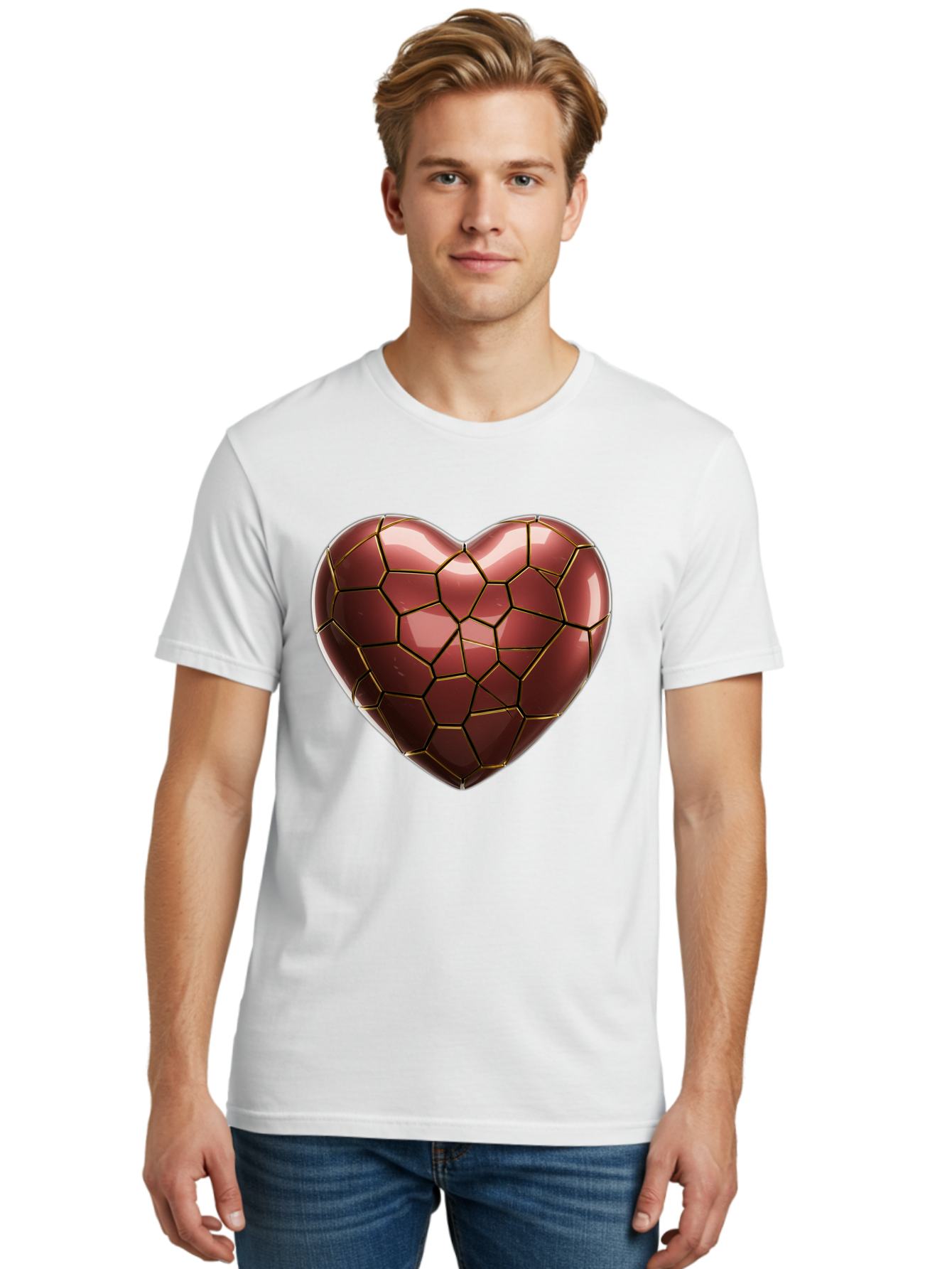 Cracked-Heart Men'S Graphic Tee, 100% Cotton, Comfortable Casual Summer Wear, Machine Washable, Mosaic Heart, Red Heart, Geometric Pattern, Cracked Heart, Love Symbol, Broken Heart, Heart Art, Valentines Day, Mosaic Art, Red Mosaic, Bae016