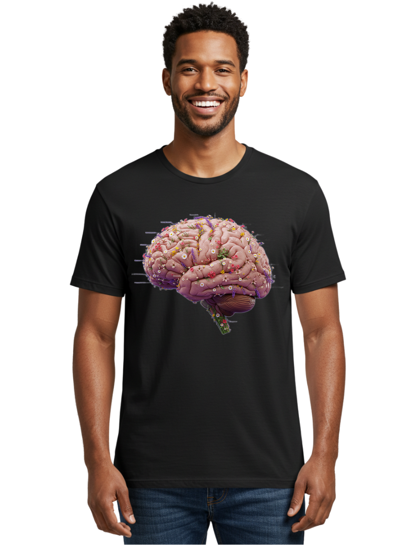 Floral-Brain-1 Men'S Graphic Tee, 100% Cotton, Comfortable Casual Summer Wear, Machine Washable, Human Brain, Flowers, Creativity, Inspiration, Imagination, Colorful, Vibrant, Brain Function, Neuroscience, Mental Health, Wellness Bae019