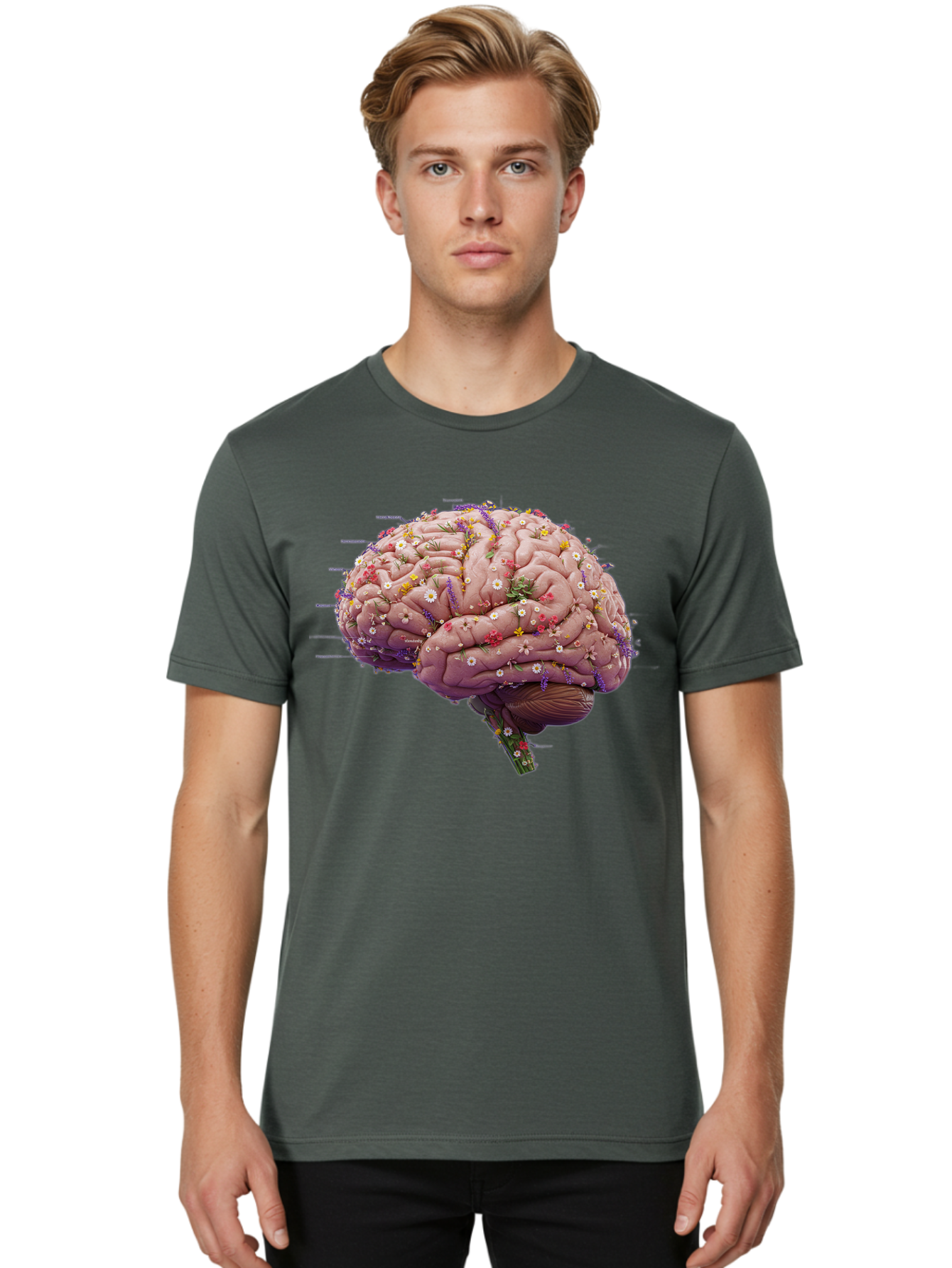 Floral-Brain-1 Men'S Graphic Tee, 100% Cotton, Comfortable Casual Summer Wear, Machine Washable, Human Brain, Flowers, Creativity, Inspiration, Imagination, Colorful, Vibrant, Brain Function, Neuroscience, Mental Health, Wellness Bae019