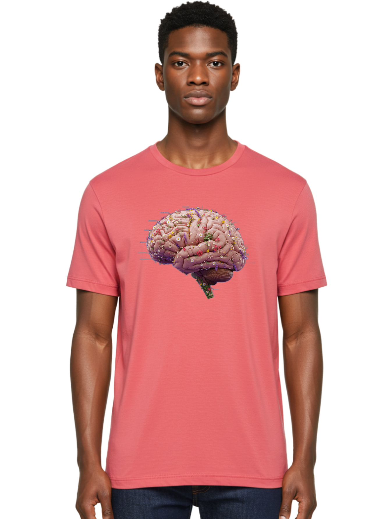 Floral-Brain-1 Men'S Graphic Tee, 100% Cotton, Comfortable Casual Summer Wear, Machine Washable, Human Brain, Flowers, Creativity, Inspiration, Imagination, Colorful, Vibrant, Brain Function, Neuroscience, Mental Health, Wellness Bae019