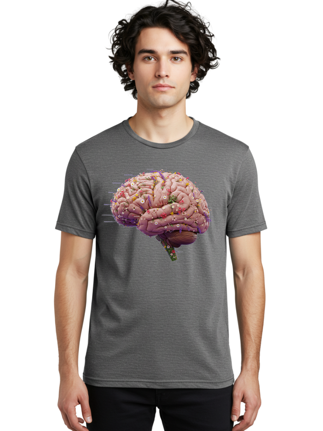 Floral-Brain-1 Men'S Graphic Tee, 100% Cotton, Comfortable Casual Summer Wear, Machine Washable, Human Brain, Flowers, Creativity, Inspiration, Imagination, Colorful, Vibrant, Brain Function, Neuroscience, Mental Health, Wellness Bae019