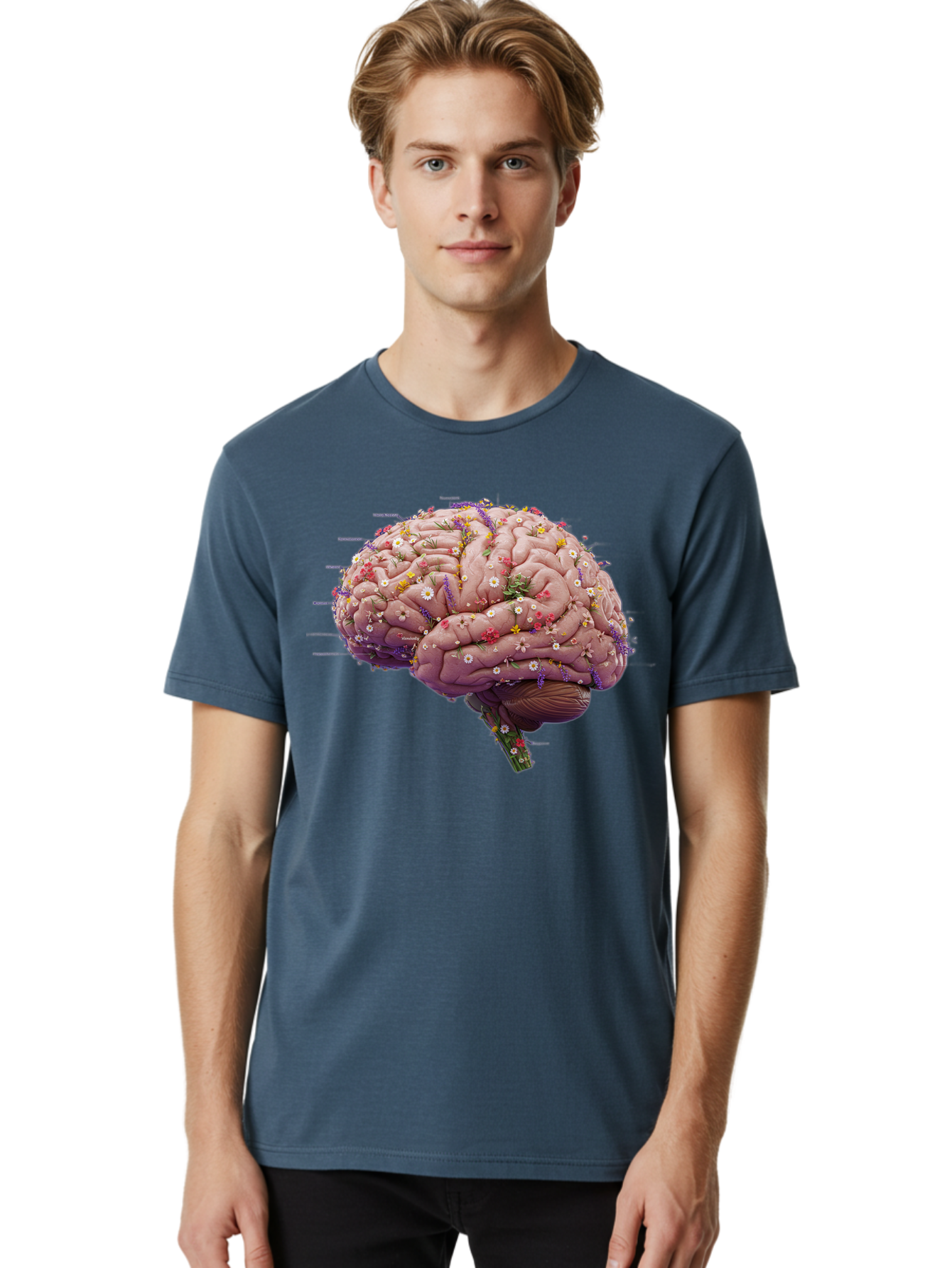 Floral-Brain-1 Men'S Graphic Tee, 100% Cotton, Comfortable Casual Summer Wear, Machine Washable, Human Brain, Flowers, Creativity, Inspiration, Imagination, Colorful, Vibrant, Brain Function, Neuroscience, Mental Health, Wellness Bae019