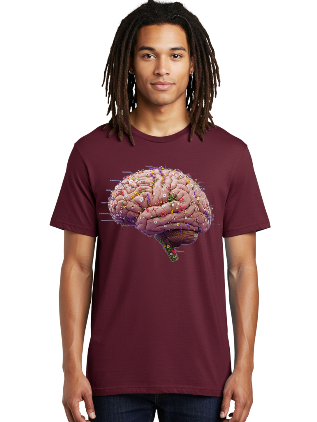 Floral-Brain-1 Men'S Graphic Tee, 100% Cotton, Comfortable Casual Summer Wear, Machine Washable, Human Brain, Flowers, Creativity, Inspiration, Imagination, Colorful, Vibrant, Brain Function, Neuroscience, Mental Health, Wellness Bae019