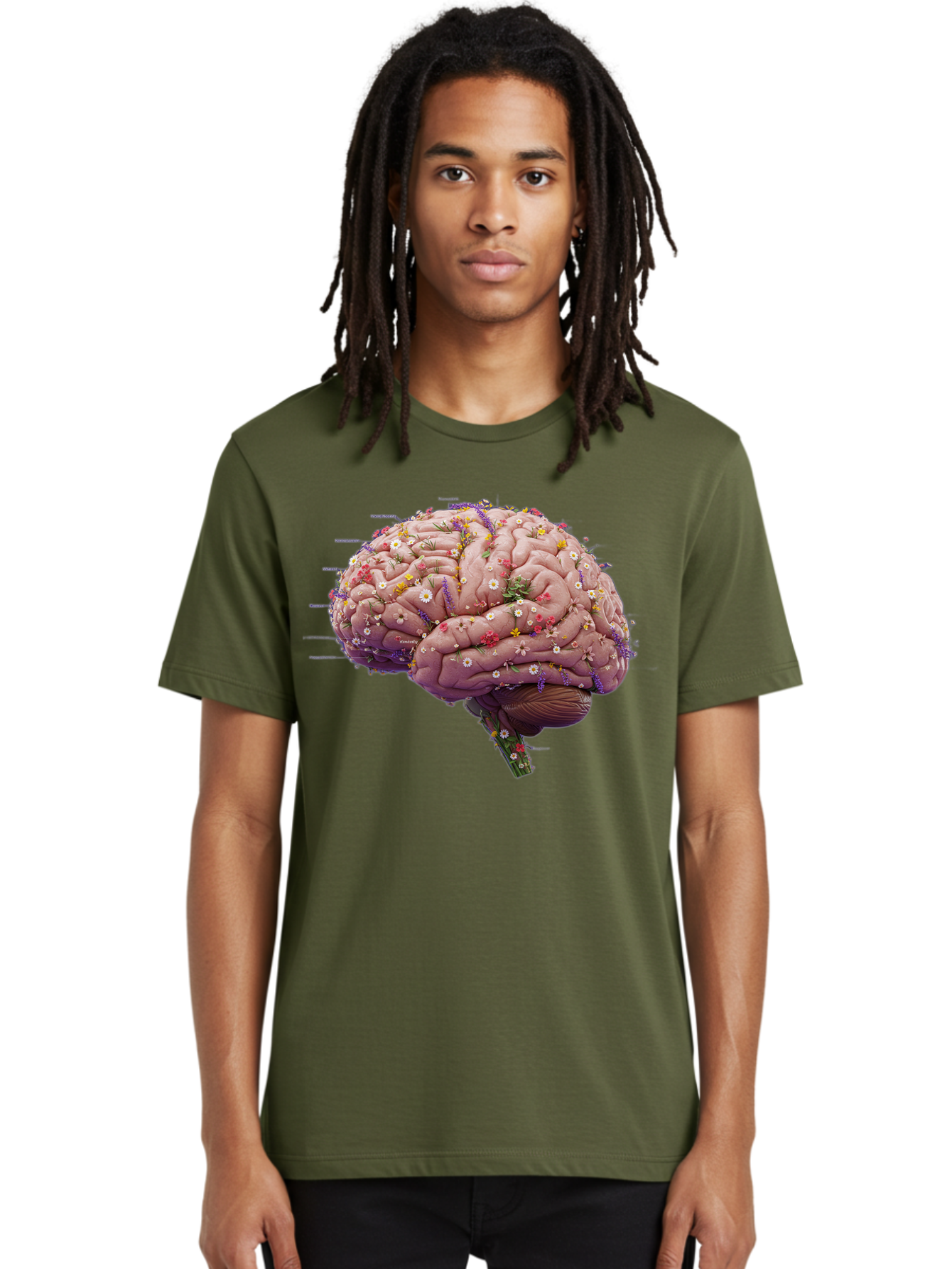 Floral-Brain-1 Men'S Graphic Tee, 100% Cotton, Comfortable Casual Summer Wear, Machine Washable, Human Brain, Flowers, Creativity, Inspiration, Imagination, Colorful, Vibrant, Brain Function, Neuroscience, Mental Health, Wellness Bae019