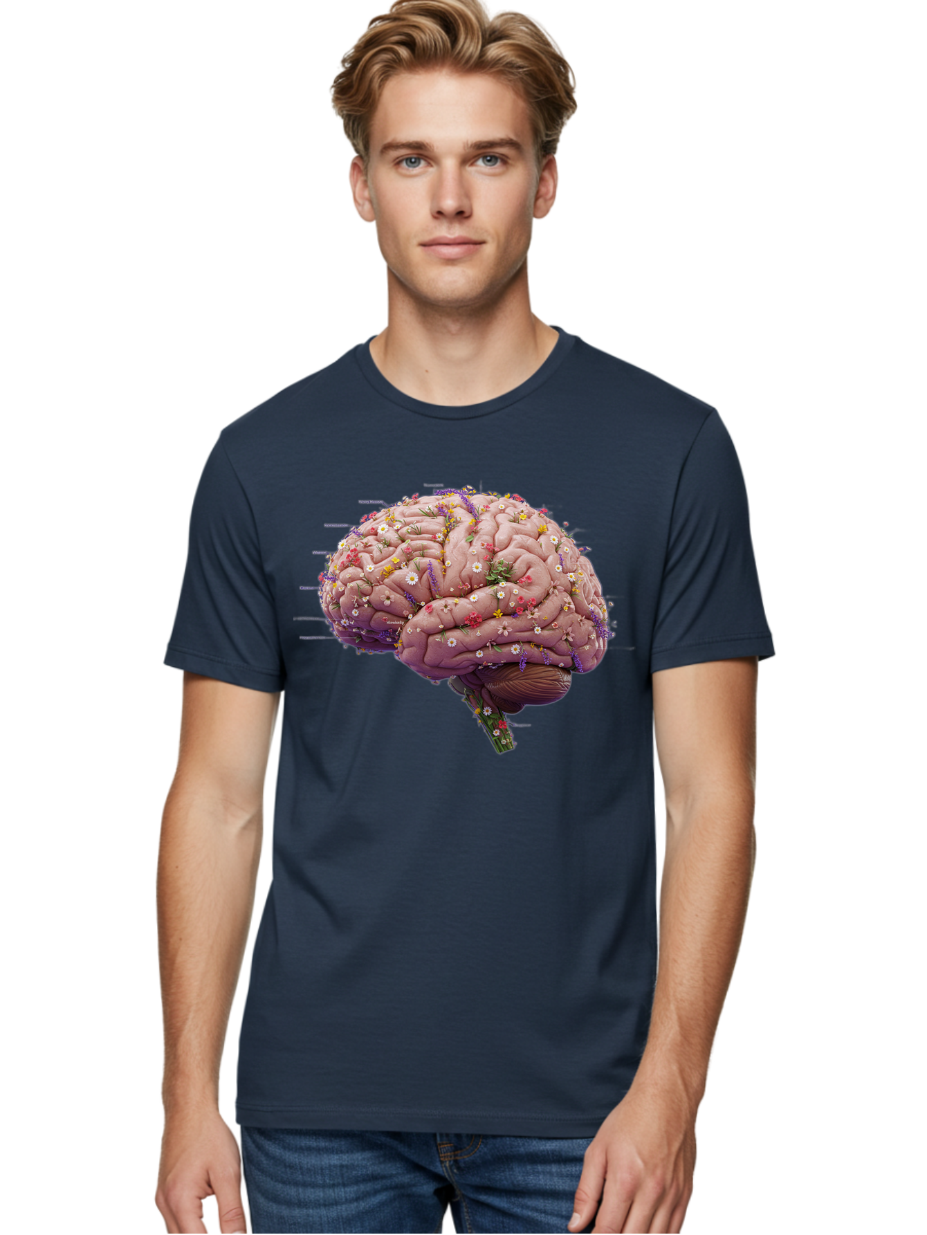 Floral-Brain-1 Men'S Graphic Tee, 100% Cotton, Comfortable Casual Summer Wear, Machine Washable, Human Brain, Flowers, Creativity, Inspiration, Imagination, Colorful, Vibrant, Brain Function, Neuroscience, Mental Health, Wellness Bae019