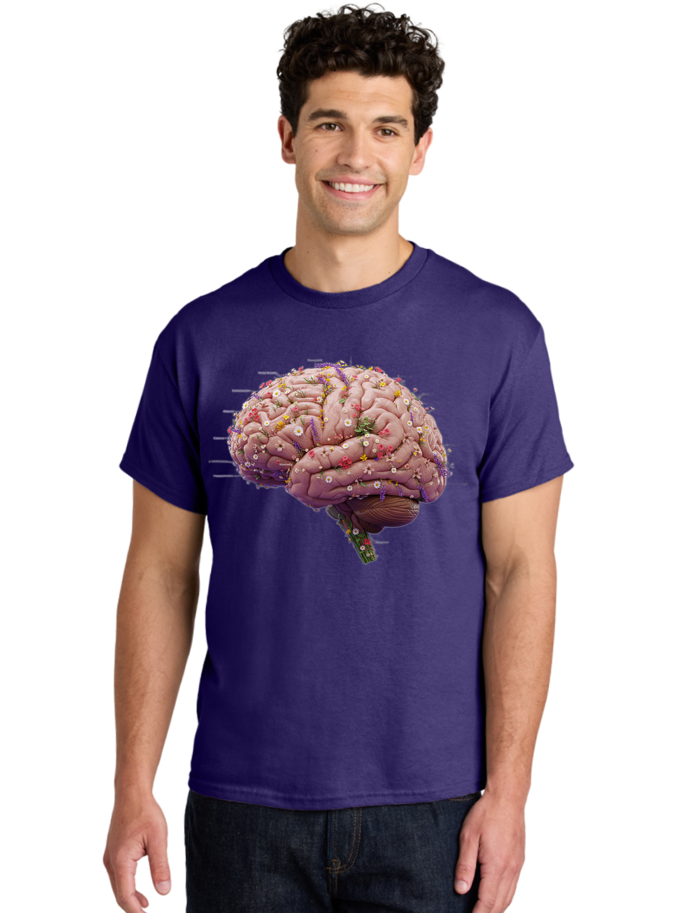 Floral-Brain-1 Men'S Graphic Tee, 100% Cotton, Comfortable Casual Summer Wear, Machine Washable, Human Brain, Flowers, Creativity, Inspiration, Imagination, Colorful, Vibrant, Brain Function, Neuroscience, Mental Health, Wellness Bae019