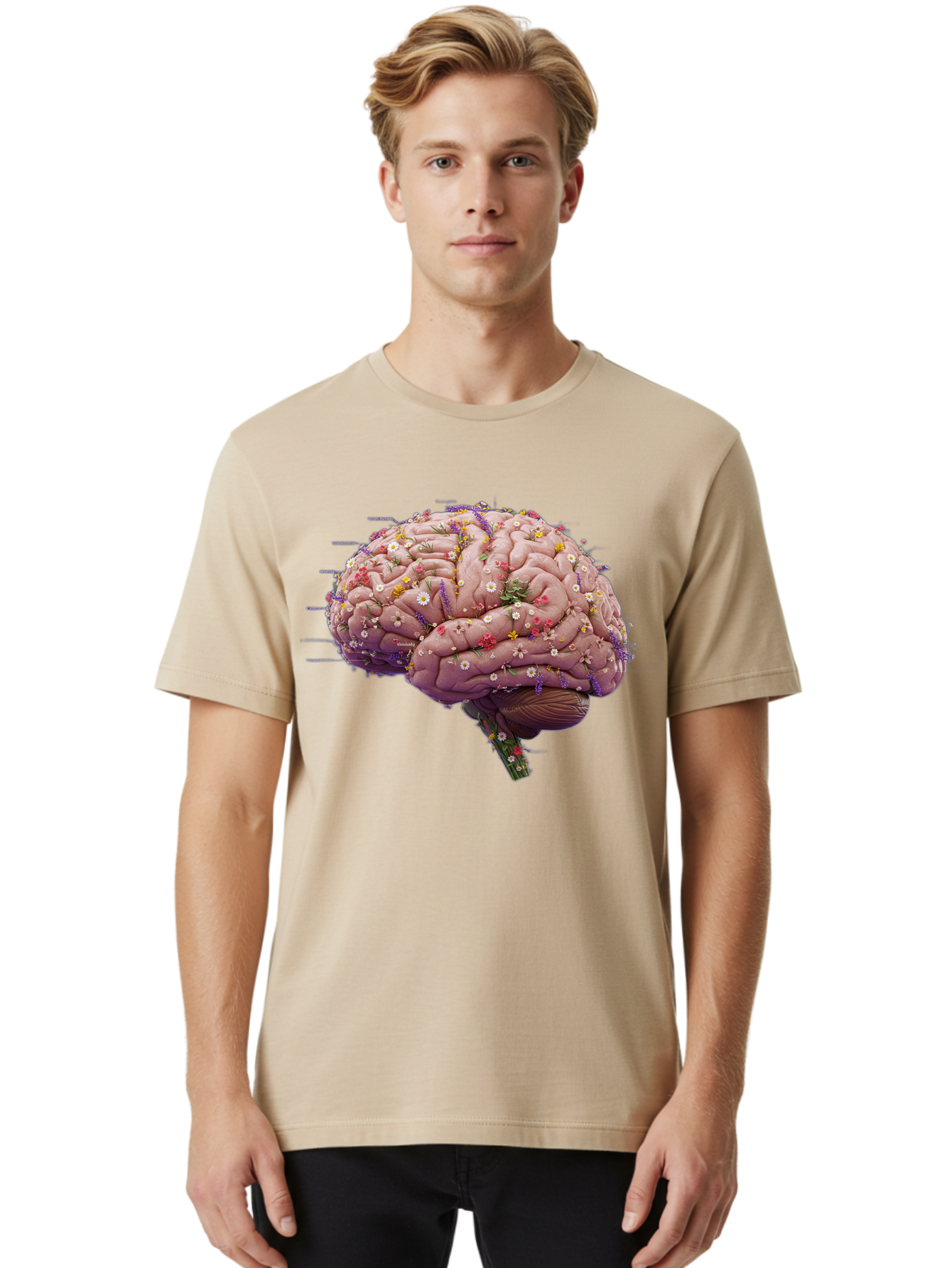 Floral-Brain-1 Men'S Graphic Tee, 100% Cotton, Comfortable Casual Summer Wear, Machine Washable, Human Brain, Flowers, Creativity, Inspiration, Imagination, Colorful, Vibrant, Brain Function, Neuroscience, Mental Health, Wellness Bae019