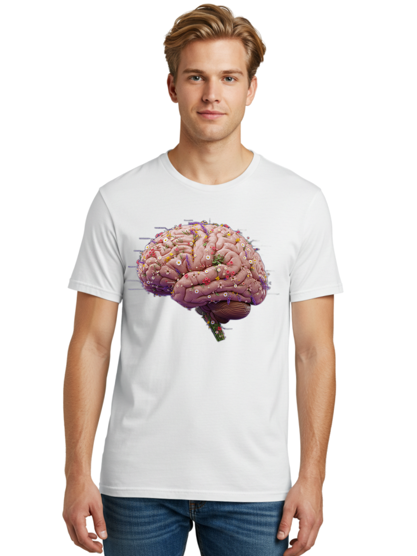 Floral-Brain-1 Men'S Graphic Tee, 100% Cotton, Comfortable Casual Summer Wear, Machine Washable, Human Brain, Flowers, Creativity, Inspiration, Imagination, Colorful, Vibrant, Brain Function, Neuroscience, Mental Health, Wellness Bae019