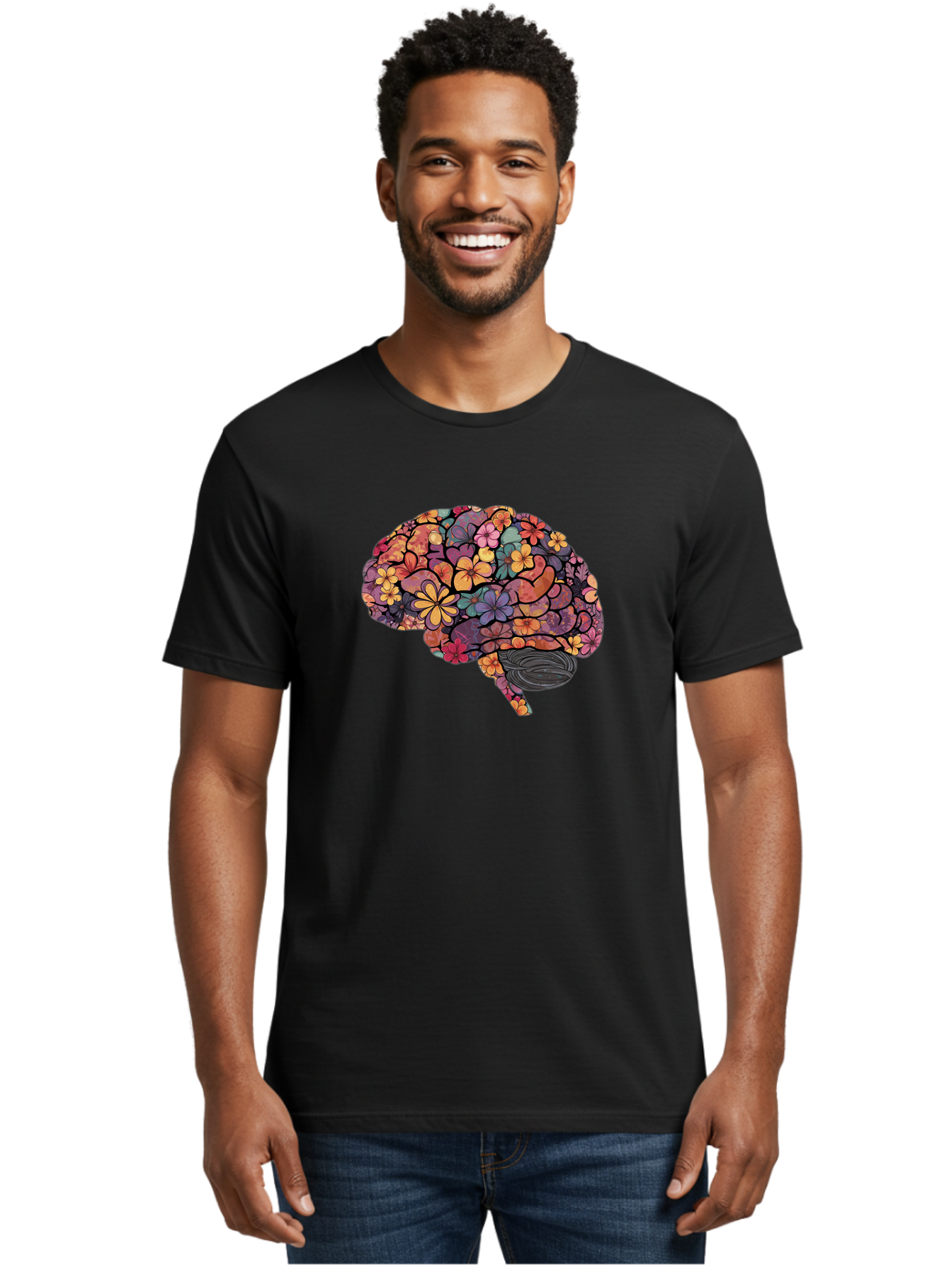 Floral-Brain Men'S Graphic Tee, 100% Cotton, Comfortable Casual Summer Wear, Machine Washable, Human Brain, Floral Patterns, Colorful Illustration, Creative Art, Mental Health Awareness, Brain Illustration, Vibrant Flowers, Abstract Design, Bae020