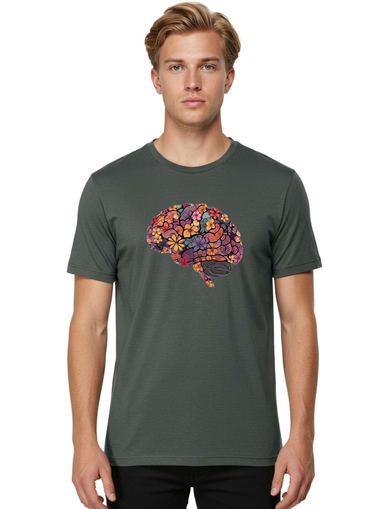 Floral-Brain Men'S Graphic Tee, 100% Cotton, Comfortable Casual Summer Wear, Machine Washable, Human Brain, Floral Patterns, Colorful Illustration, Creative Art, Mental Health Awareness, Brain Illustration, Vibrant Flowers, Abstract Design, Bae020
