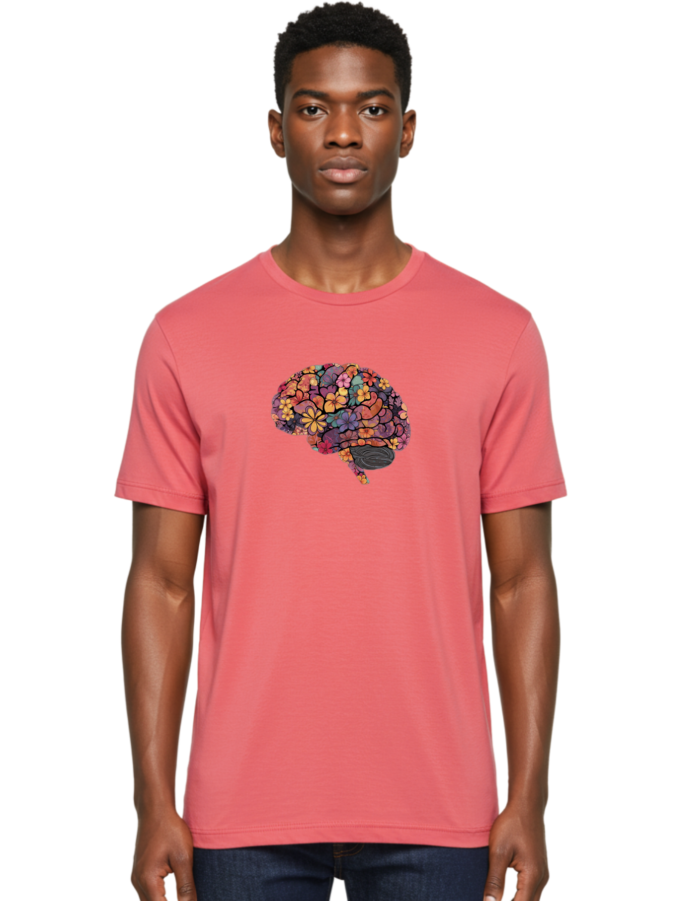 Floral-Brain Men'S Graphic Tee, 100% Cotton, Comfortable Casual Summer Wear, Machine Washable, Human Brain, Floral Patterns, Colorful Illustration, Creative Art, Mental Health Awareness, Brain Illustration, Vibrant Flowers, Abstract Design, Bae020
