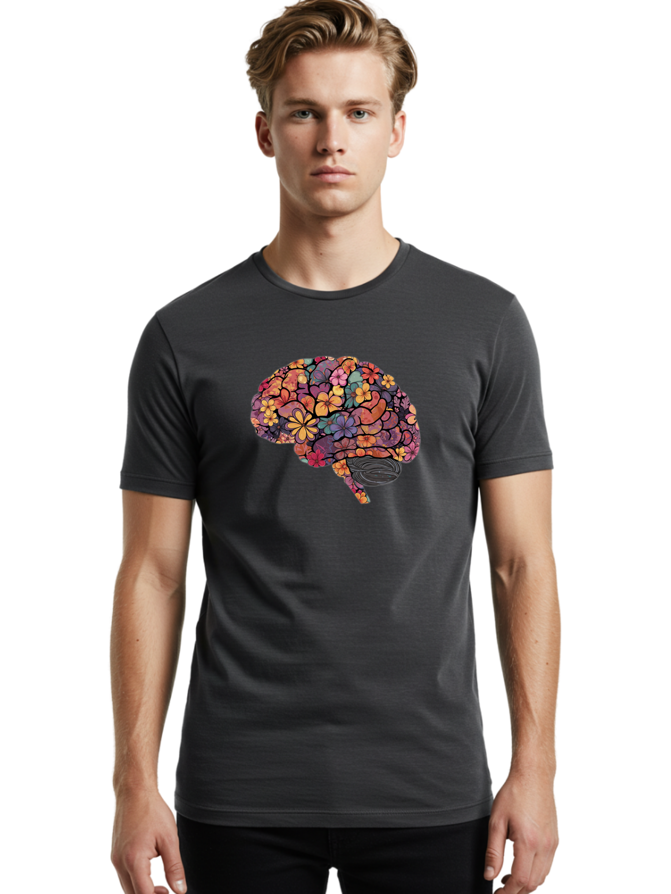 Floral-Brain Men'S Graphic Tee, 100% Cotton, Comfortable Casual Summer Wear, Machine Washable, Human Brain, Floral Patterns, Colorful Illustration, Creative Art, Mental Health Awareness, Brain Illustration, Vibrant Flowers, Abstract Design, Bae020
