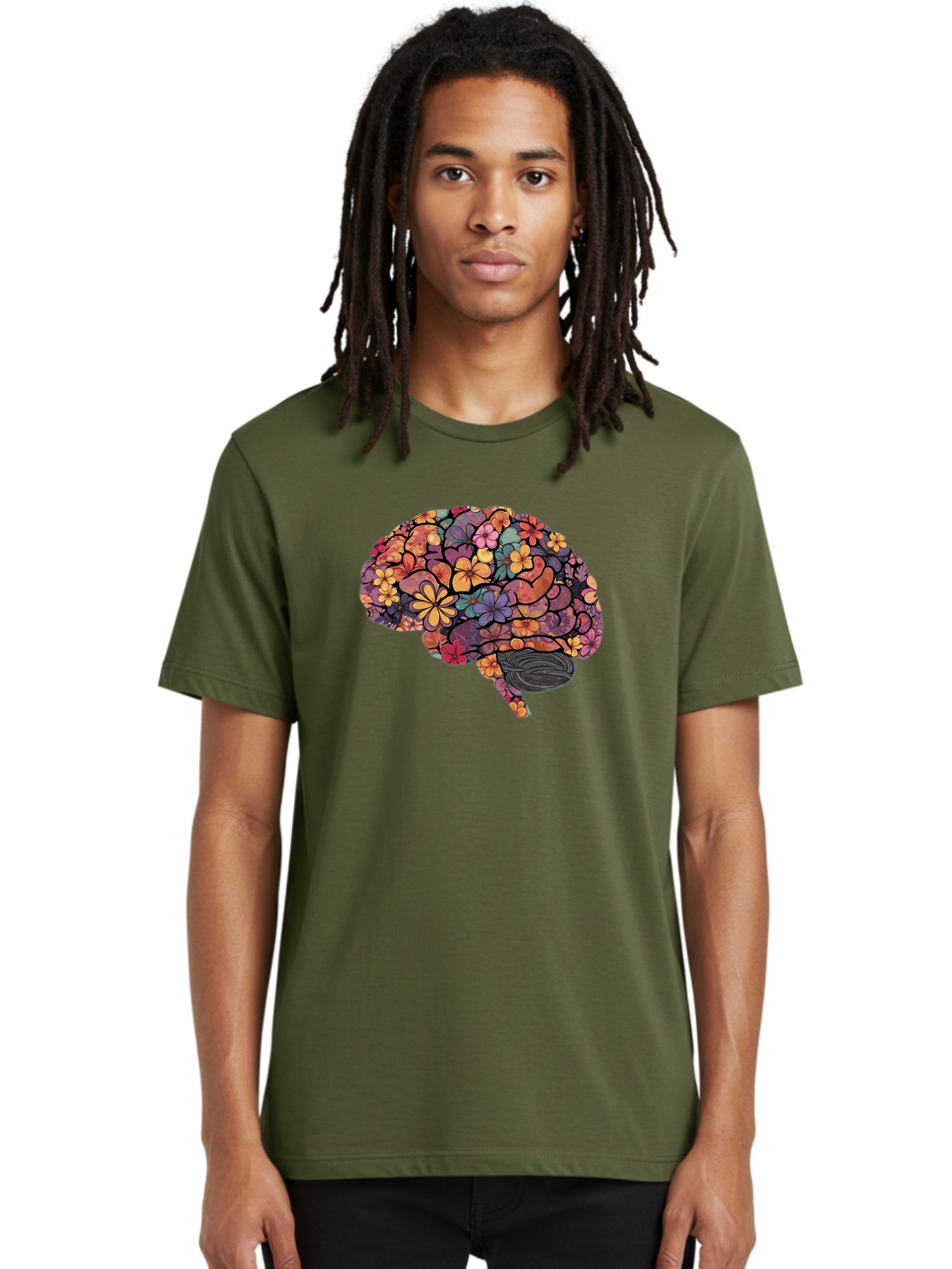Floral-Brain Men'S Graphic Tee, 100% Cotton, Comfortable Casual Summer Wear, Machine Washable, Human Brain, Floral Patterns, Colorful Illustration, Creative Art, Mental Health Awareness, Brain Illustration, Vibrant Flowers, Abstract Design, Bae020