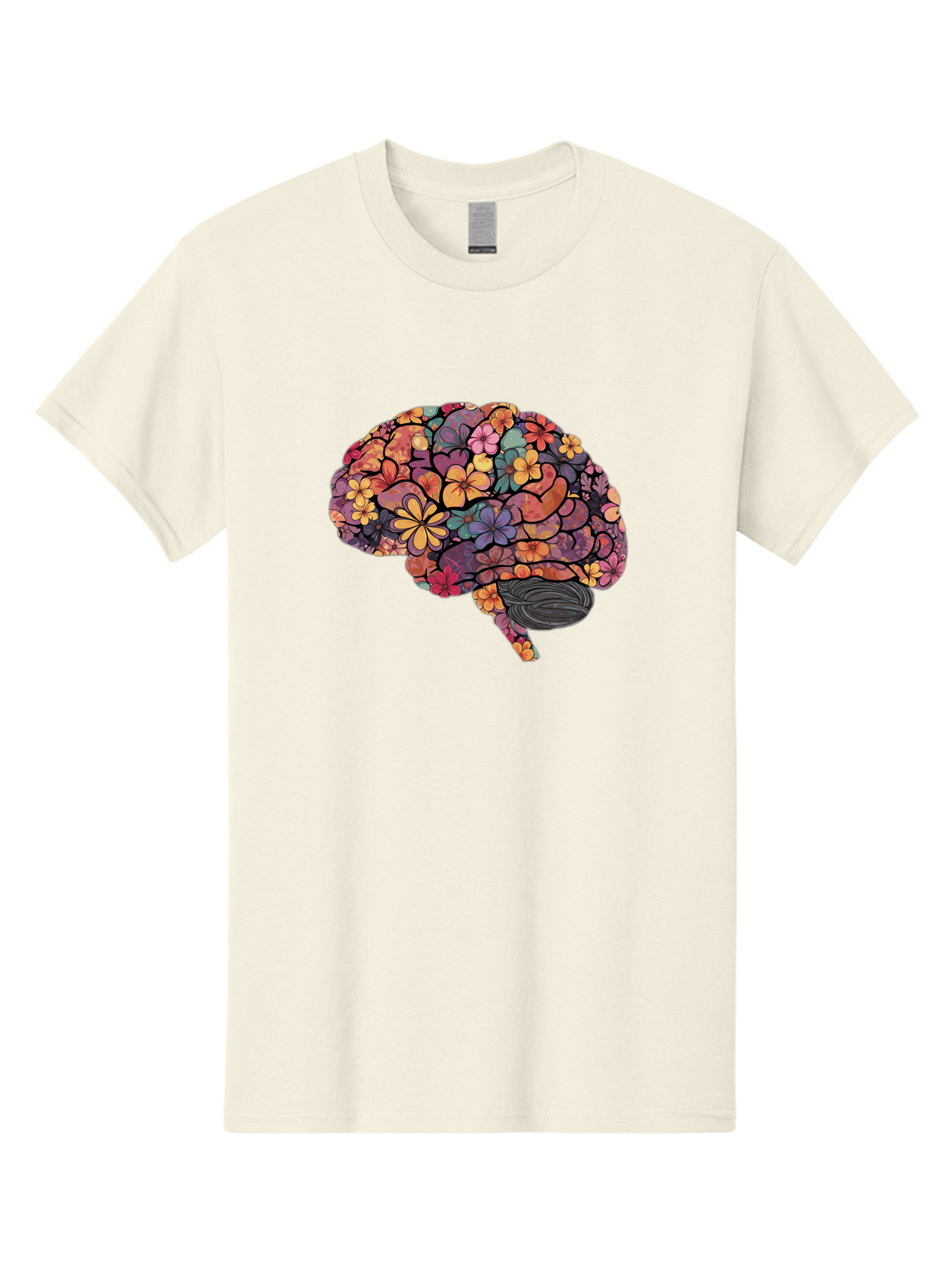 Floral-Brain Men'S Graphic Tee, 100% Cotton, Comfortable Casual Summer Wear, Machine Washable, Human Brain, Floral Patterns, Colorful Illustration, Creative Art, Mental Health Awareness, Brain Illustration, Vibrant Flowers, Abstract Design, Bae020