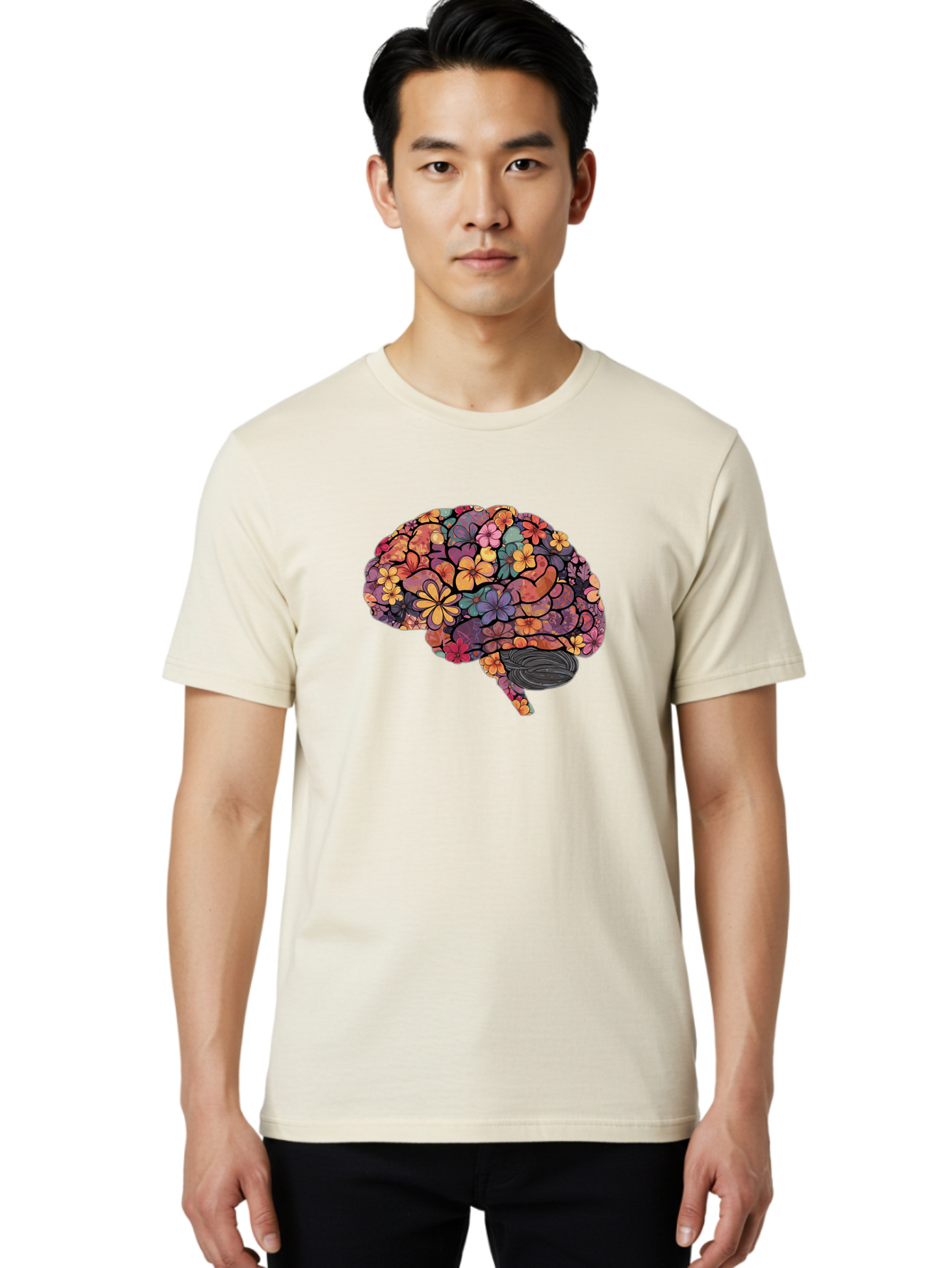 Floral-Brain Men'S Graphic Tee, 100% Cotton, Comfortable Casual Summer Wear, Machine Washable, Human Brain, Floral Patterns, Colorful Illustration, Creative Art, Mental Health Awareness, Brain Illustration, Vibrant Flowers, Abstract Design, Bae020
