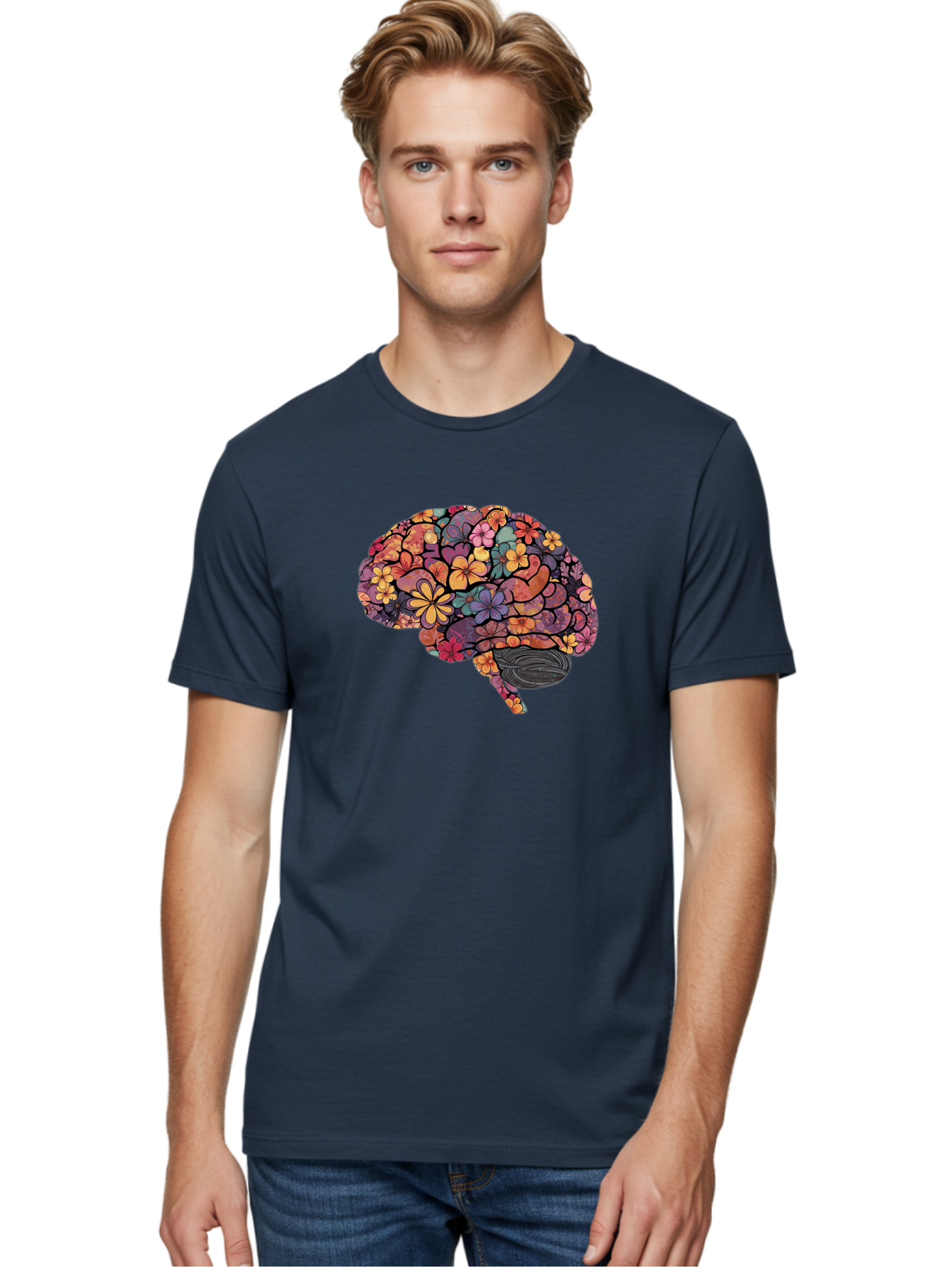 Floral-Brain Men'S Graphic Tee, 100% Cotton, Comfortable Casual Summer Wear, Machine Washable, Human Brain, Floral Patterns, Colorful Illustration, Creative Art, Mental Health Awareness, Brain Illustration, Vibrant Flowers, Abstract Design, Bae020