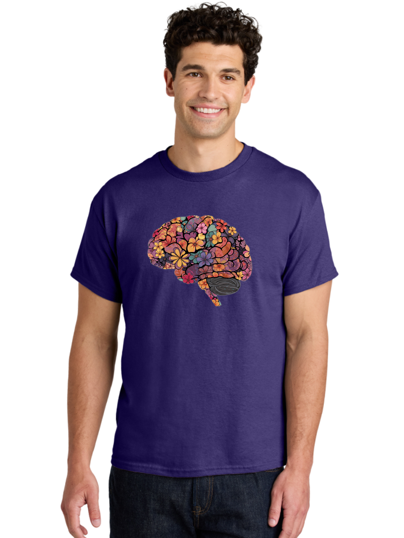 Floral-Brain Men'S Graphic Tee, 100% Cotton, Comfortable Casual Summer Wear, Machine Washable, Human Brain, Floral Patterns, Colorful Illustration, Creative Art, Mental Health Awareness, Brain Illustration, Vibrant Flowers, Abstract Design, Bae020