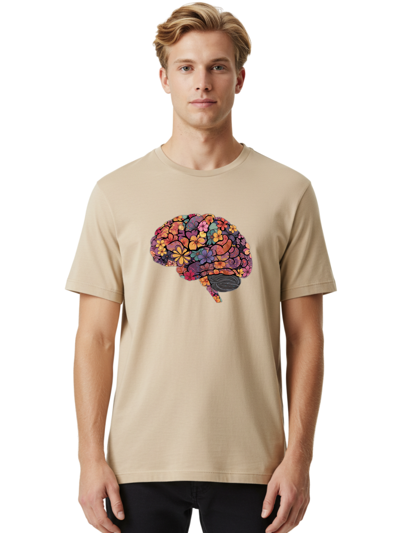 Floral-Brain Men'S Graphic Tee, 100% Cotton, Comfortable Casual Summer Wear, Machine Washable, Human Brain, Floral Patterns, Colorful Illustration, Creative Art, Mental Health Awareness, Brain Illustration, Vibrant Flowers, Abstract Design, Bae020