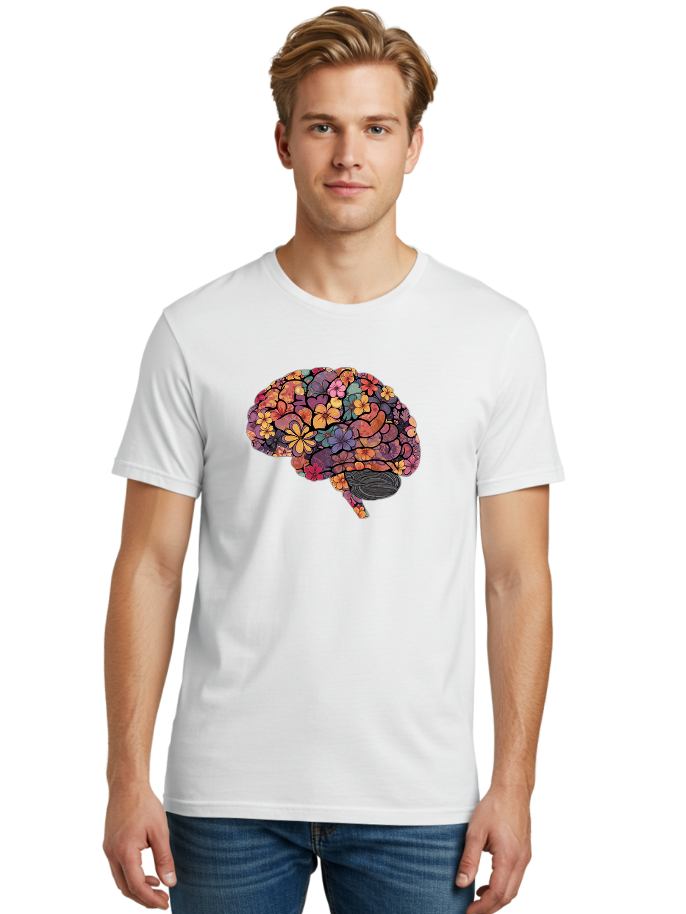 Floral-Brain Men'S Graphic Tee, 100% Cotton, Comfortable Casual Summer Wear, Machine Washable, Human Brain, Floral Patterns, Colorful Illustration, Creative Art, Mental Health Awareness, Brain Illustration, Vibrant Flowers, Abstract Design, Bae020