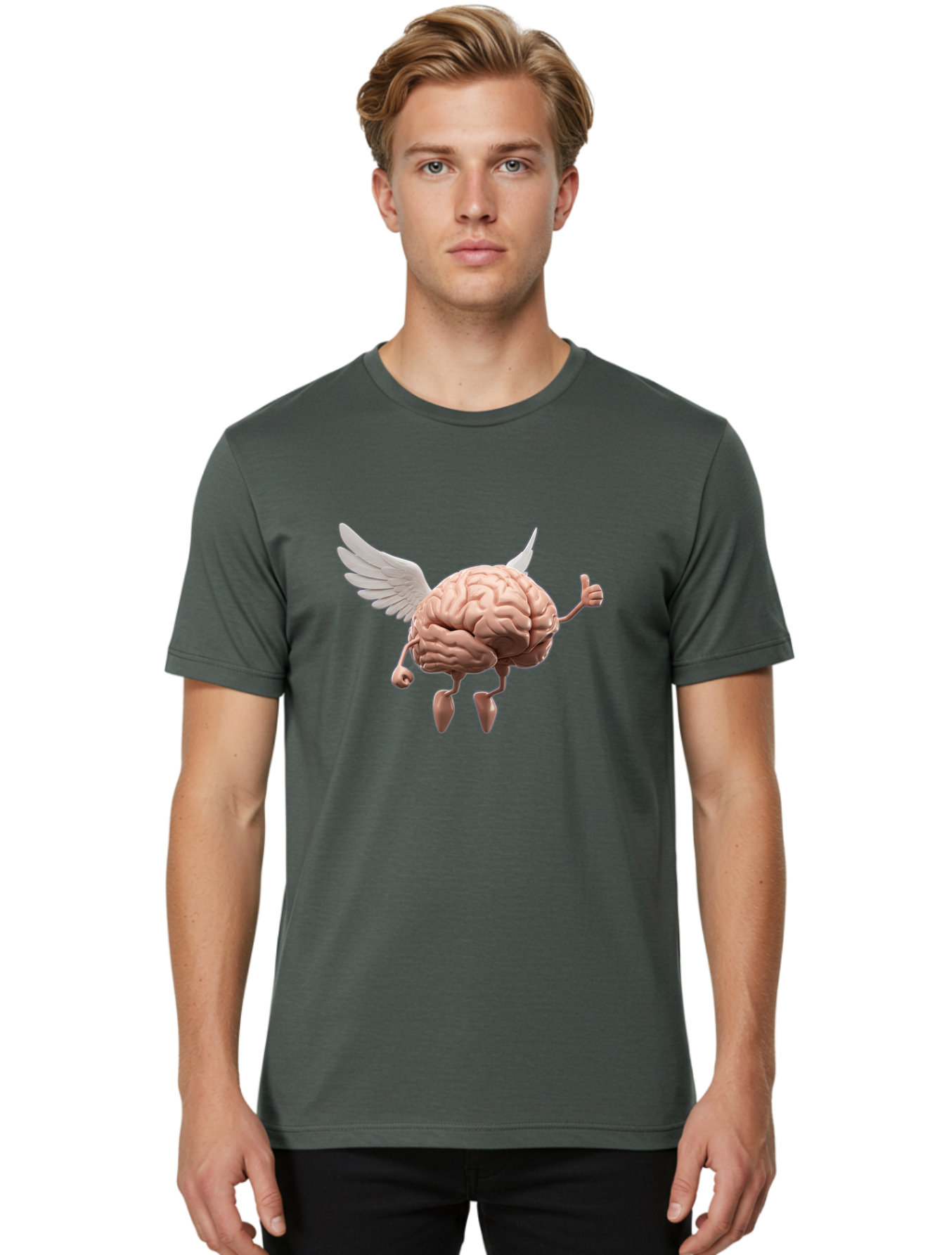 Flying-Brain Men'S Graphic Tee, 100% Cotton, Comfortable Casual Summer Wear, Machine Washable, Human Brain With Wings, Anthropomorphic Brain, Thumbs Up Gesture, Digital Art, Cartoon Style, Creative Illustration, Winged Brain, Brain With Horns Bae021