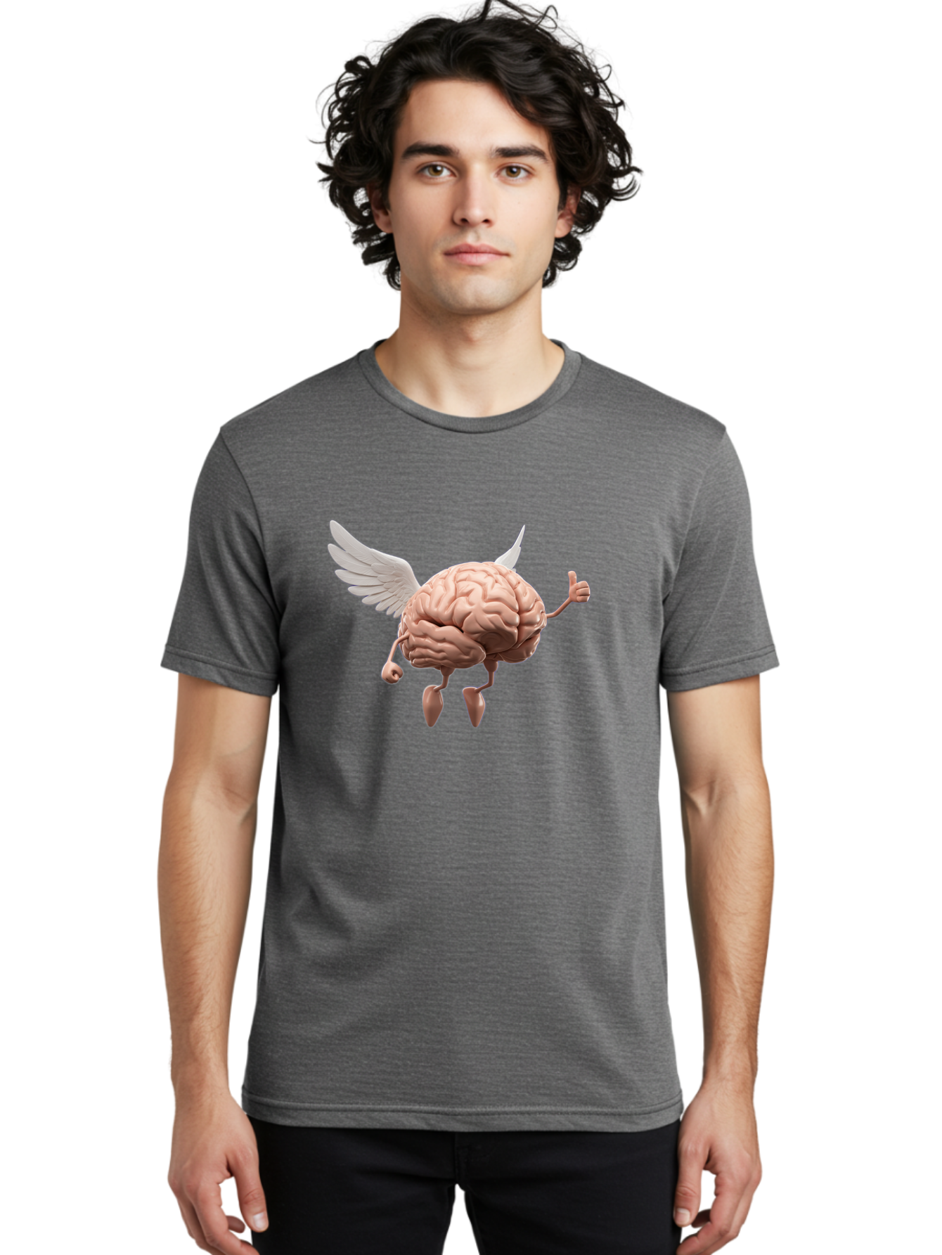 Flying-Brain Men'S Graphic Tee, 100% Cotton, Comfortable Casual Summer Wear, Machine Washable, Human Brain With Wings, Anthropomorphic Brain, Thumbs Up Gesture, Digital Art, Cartoon Style, Creative Illustration, Winged Brain, Brain With Horns Bae021