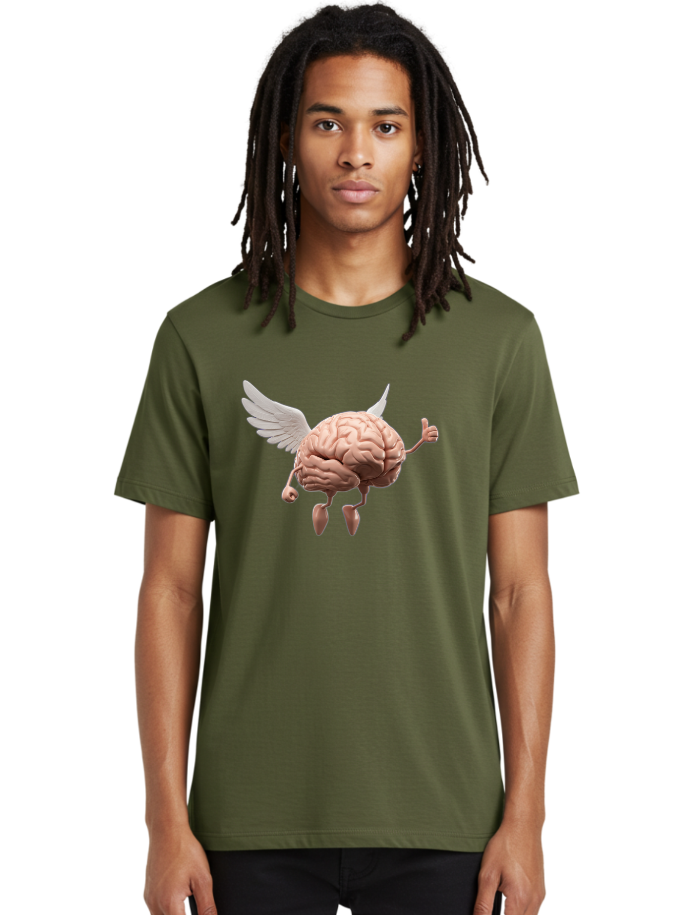 Flying-Brain Men'S Graphic Tee, 100% Cotton, Comfortable Casual Summer Wear, Machine Washable, Human Brain With Wings, Anthropomorphic Brain, Thumbs Up Gesture, Digital Art, Cartoon Style, Creative Illustration, Winged Brain, Brain With Horns Bae021