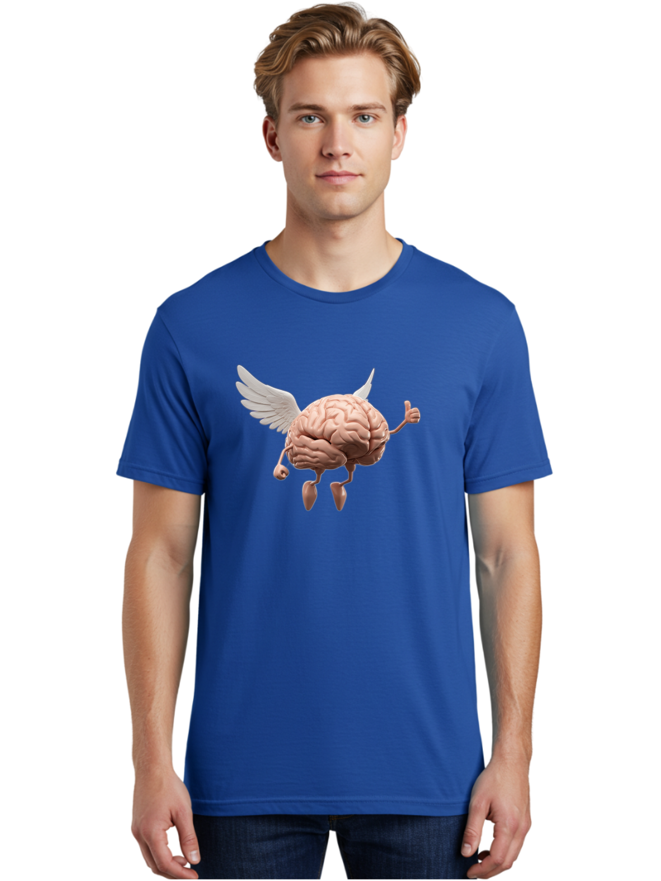 Flying-Brain Men'S Graphic Tee, 100% Cotton, Comfortable Casual Summer Wear, Machine Washable, Human Brain With Wings, Anthropomorphic Brain, Thumbs Up Gesture, Digital Art, Cartoon Style, Creative Illustration, Winged Brain, Brain With Horns Bae021
