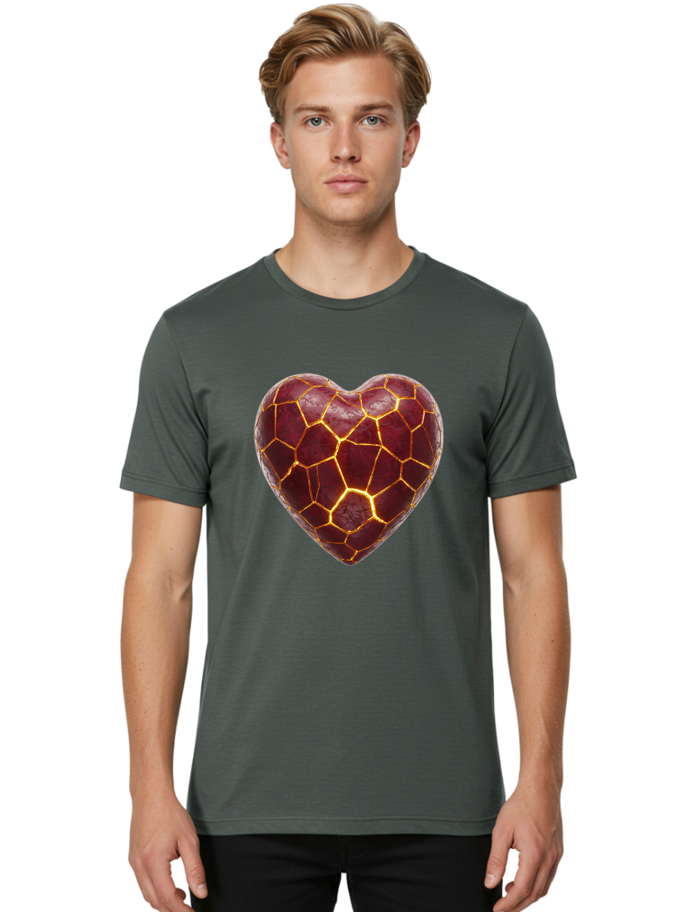 Glowing-Heart-Mosaic Men'S Graphic Tee, 100% Cotton, Comfortable Casual Summer Wear, Machine Washable, Heart Shape, Cracked Surface, Golden Veins, Love Symbol, Abstract Design, Fractured Heart, Emotional Representation, Unique Texture, Bae022