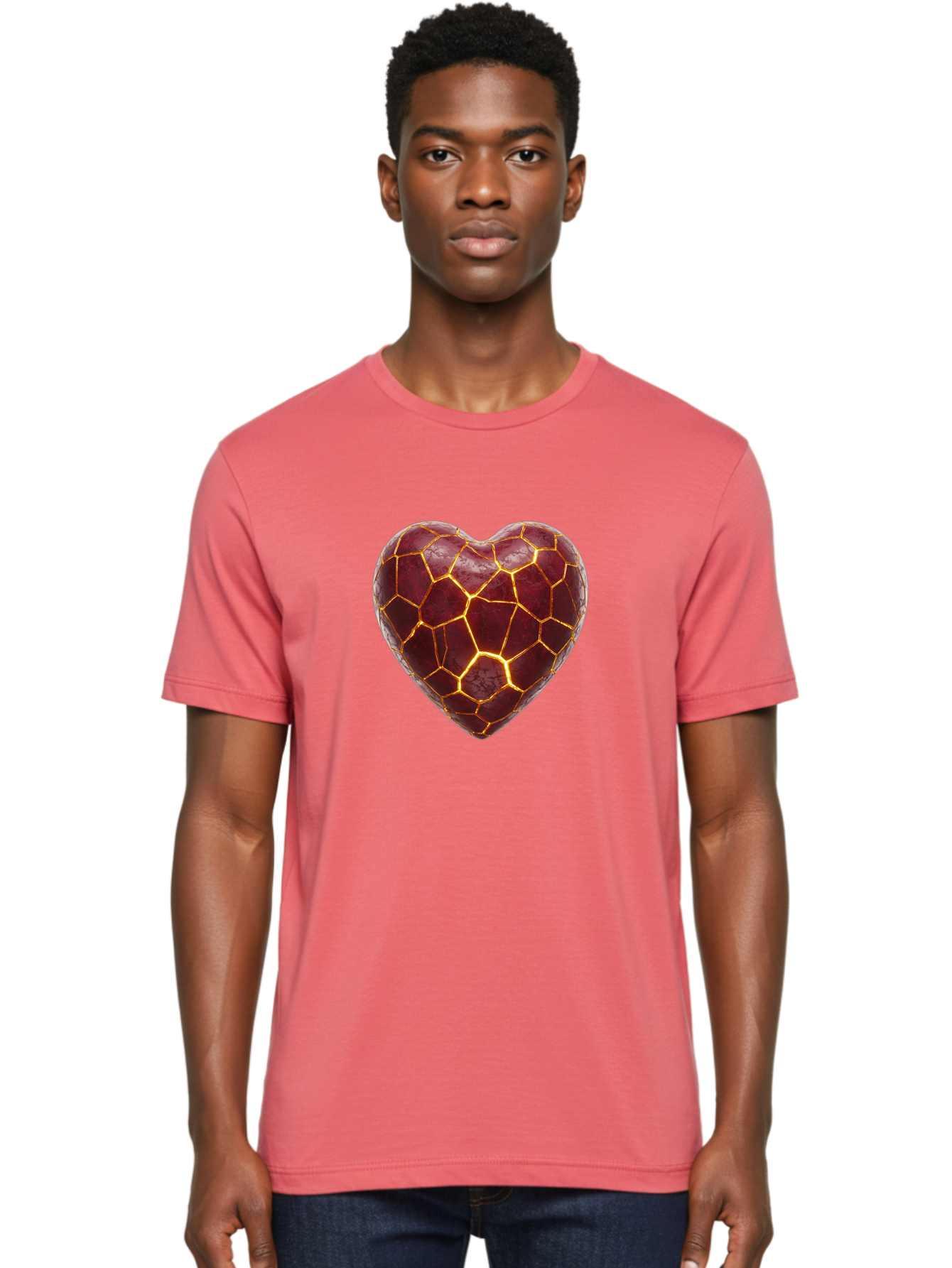 Glowing-Heart-Mosaic Men'S Graphic Tee, 100% Cotton, Comfortable Casual Summer Wear, Machine Washable, Heart Shape, Cracked Surface, Golden Veins, Love Symbol, Abstract Design, Fractured Heart, Emotional Representation, Unique Texture, Bae022