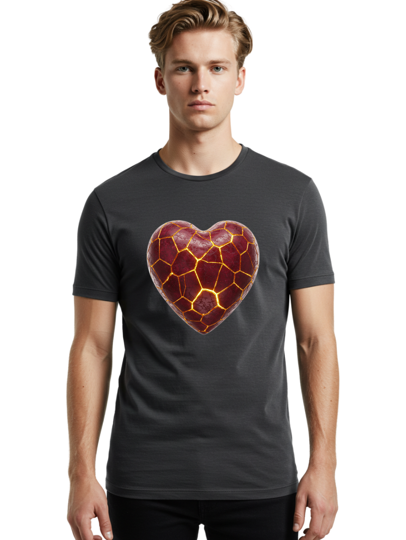 Glowing-Heart-Mosaic Men'S Graphic Tee, 100% Cotton, Comfortable Casual Summer Wear, Machine Washable, Heart Shape, Cracked Surface, Golden Veins, Love Symbol, Abstract Design, Fractured Heart, Emotional Representation, Unique Texture, Bae022