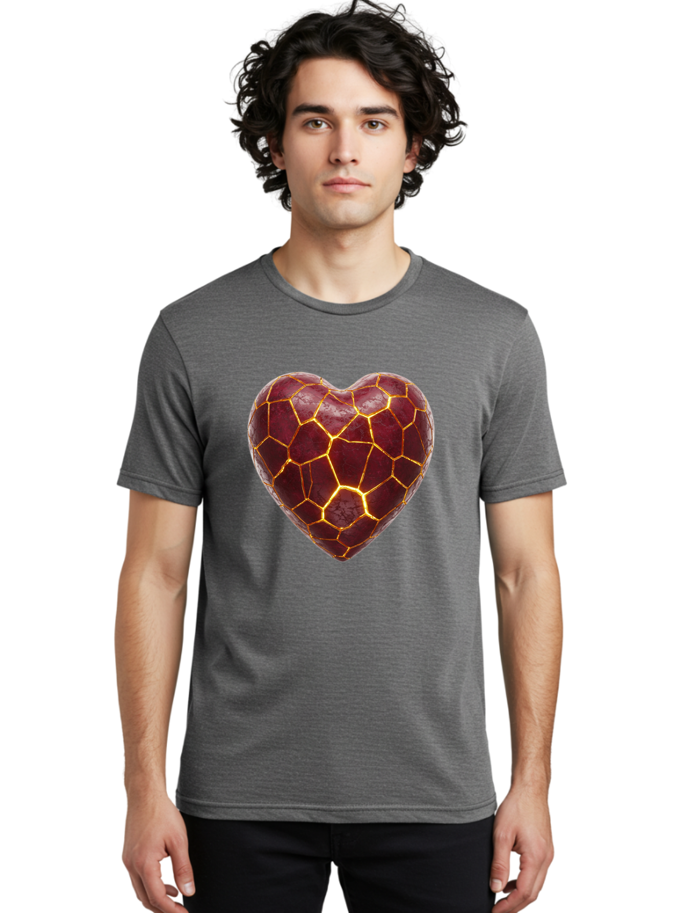 Glowing-Heart-Mosaic Men'S Graphic Tee, 100% Cotton, Comfortable Casual Summer Wear, Machine Washable, Heart Shape, Cracked Surface, Golden Veins, Love Symbol, Abstract Design, Fractured Heart, Emotional Representation, Unique Texture, Bae022