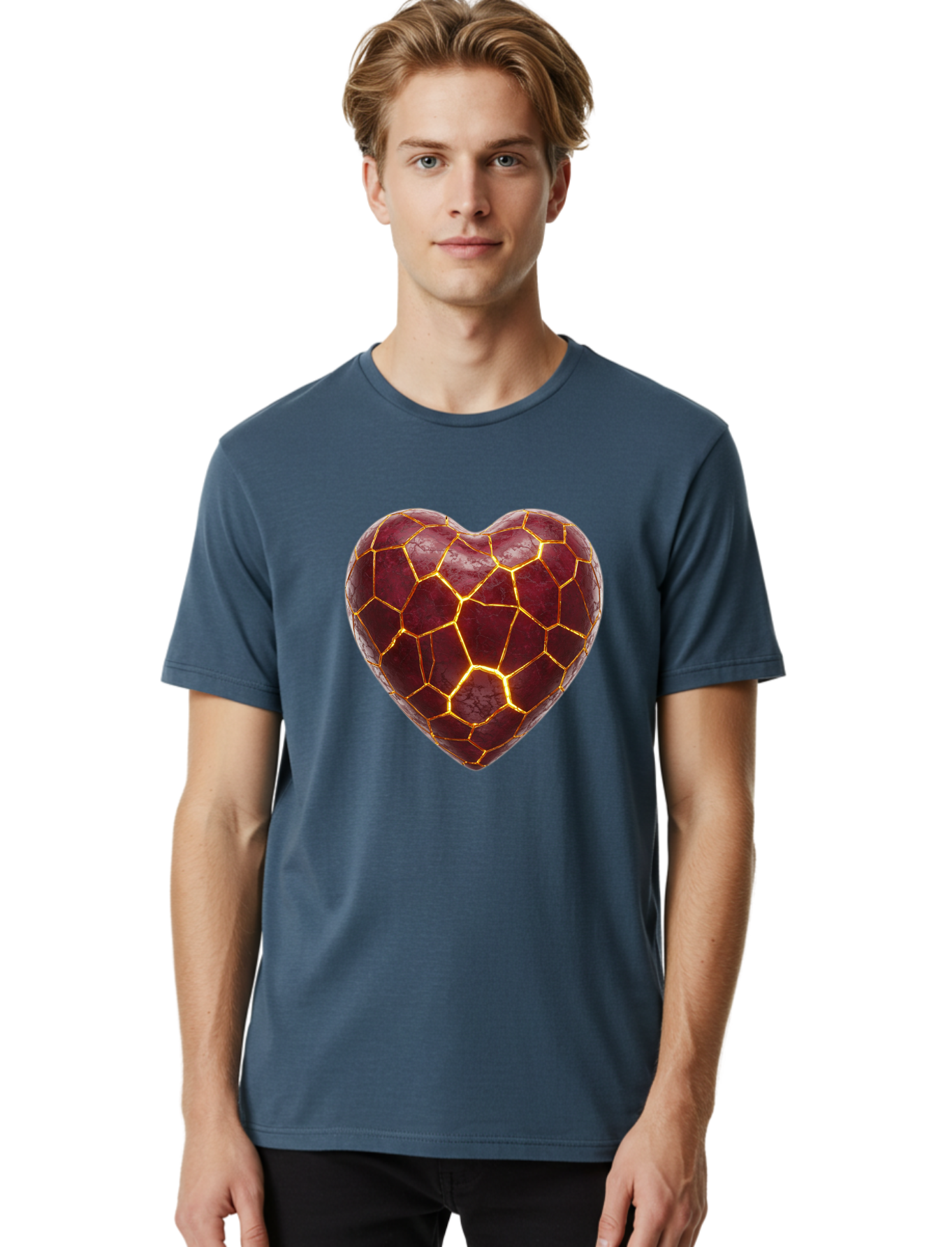 Glowing-Heart-Mosaic Men'S Graphic Tee, 100% Cotton, Comfortable Casual Summer Wear, Machine Washable, Heart Shape, Cracked Surface, Golden Veins, Love Symbol, Abstract Design, Fractured Heart, Emotional Representation, Unique Texture, Bae022
