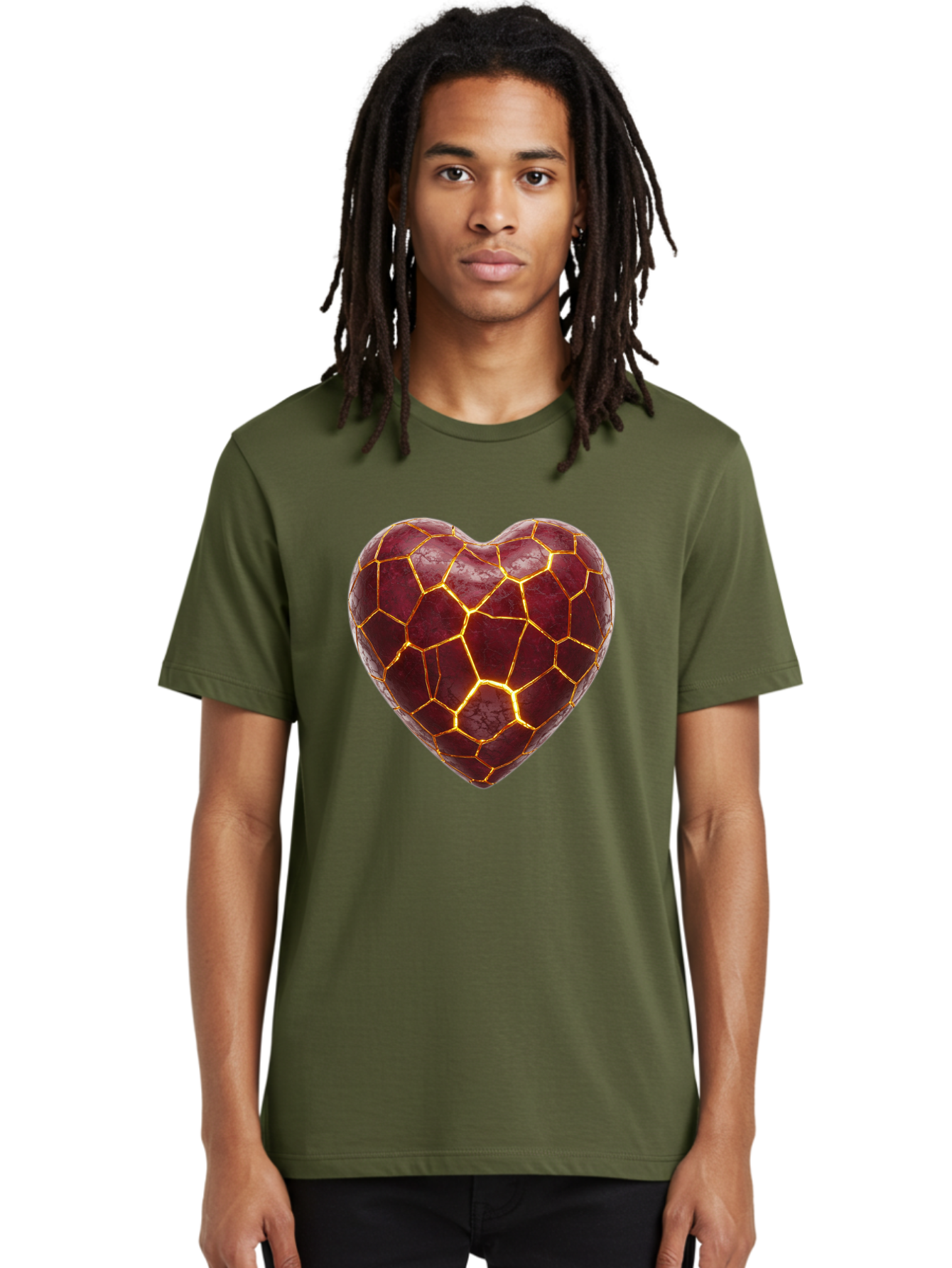Glowing-Heart-Mosaic Men'S Graphic Tee, 100% Cotton, Comfortable Casual Summer Wear, Machine Washable, Heart Shape, Cracked Surface, Golden Veins, Love Symbol, Abstract Design, Fractured Heart, Emotional Representation, Unique Texture, Bae022