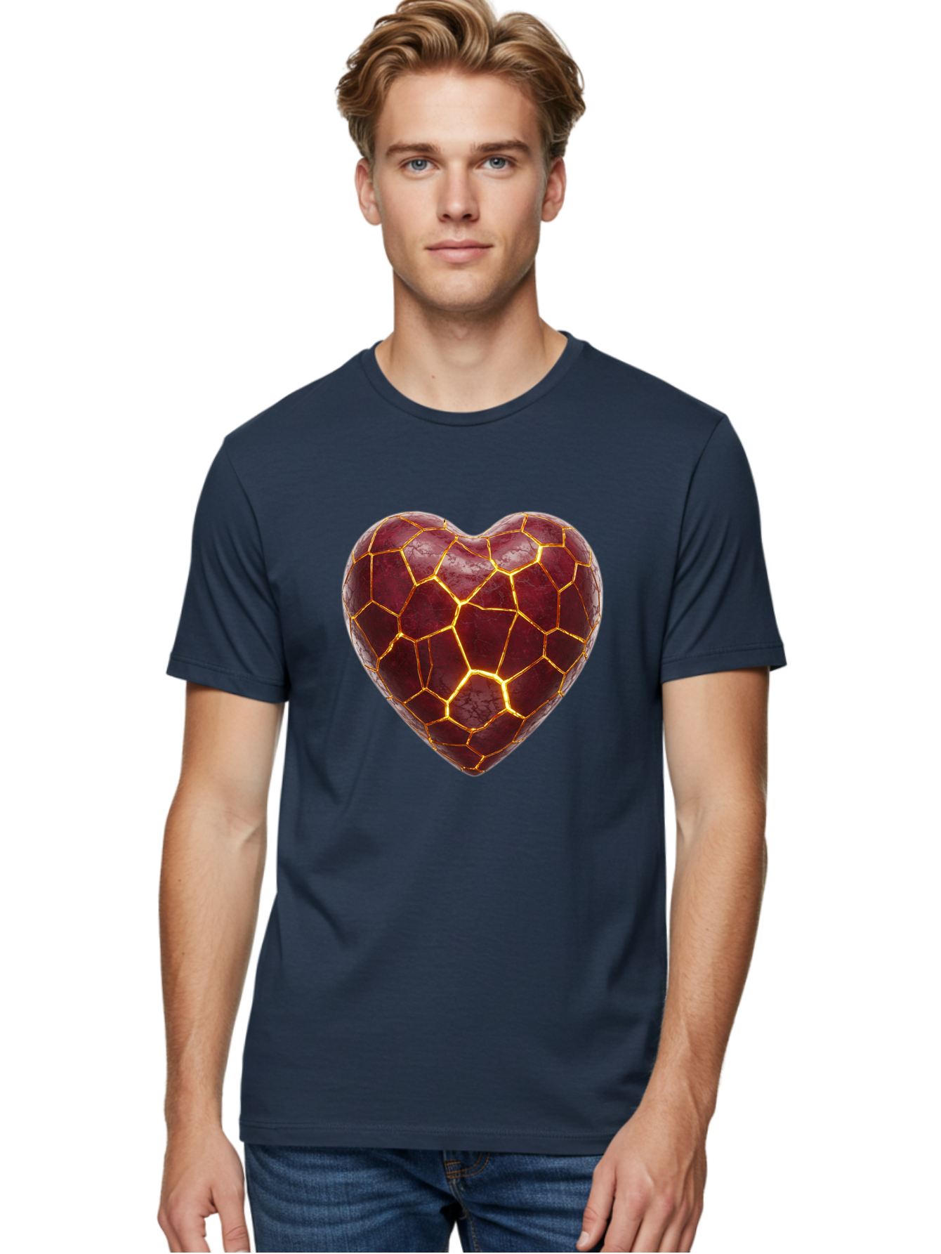 Glowing-Heart-Mosaic Men'S Graphic Tee, 100% Cotton, Comfortable Casual Summer Wear, Machine Washable, Heart Shape, Cracked Surface, Golden Veins, Love Symbol, Abstract Design, Fractured Heart, Emotional Representation, Unique Texture, Bae022