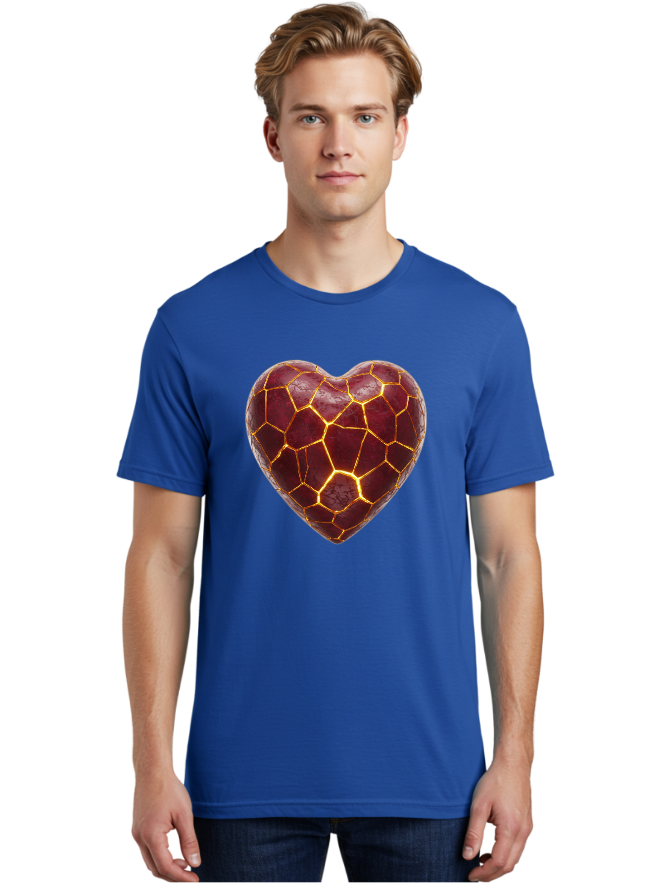 Glowing-Heart-Mosaic Men'S Graphic Tee, 100% Cotton, Comfortable Casual Summer Wear, Machine Washable, Heart Shape, Cracked Surface, Golden Veins, Love Symbol, Abstract Design, Fractured Heart, Emotional Representation, Unique Texture, Bae022