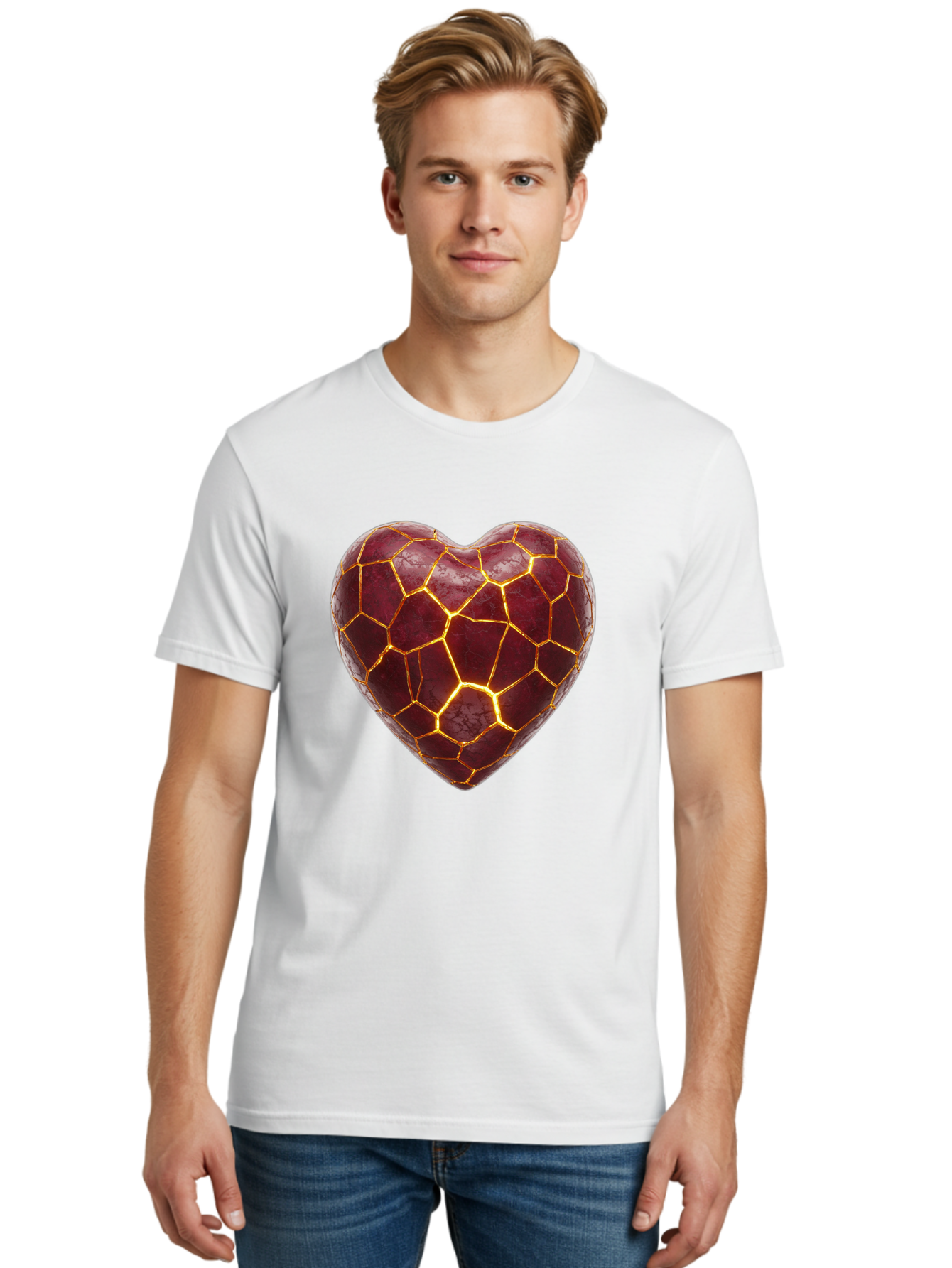 Glowing-Heart-Mosaic Men'S Graphic Tee, 100% Cotton, Comfortable Casual Summer Wear, Machine Washable, Heart Shape, Cracked Surface, Golden Veins, Love Symbol, Abstract Design, Fractured Heart, Emotional Representation, Unique Texture, Bae022
