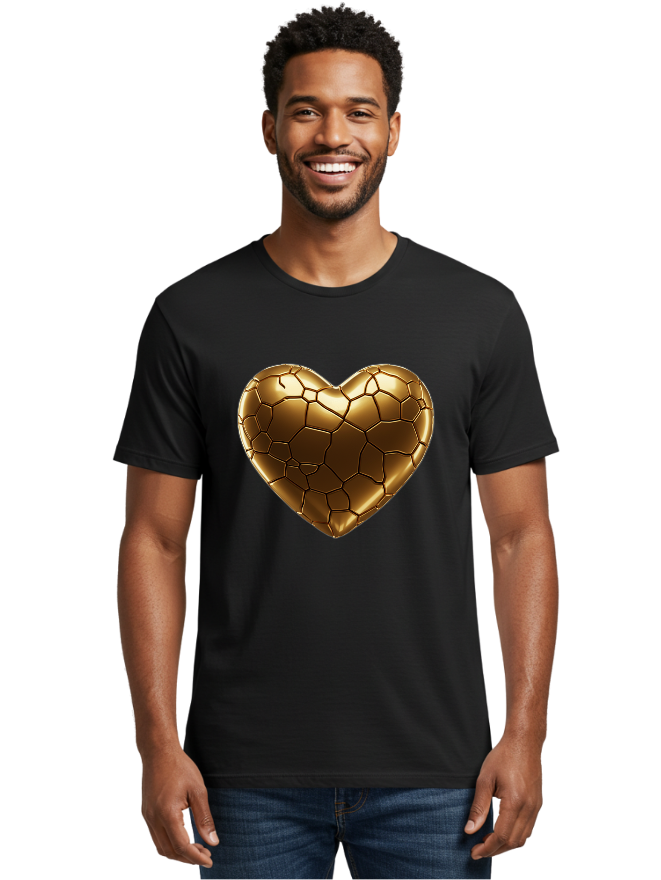 Gold-Heart Men'S Graphic Tee, 100% Cotton, Comfortable Casual Summer Wear, Machine Washable, Gold Heart, Mosaic Pattern, Heart-Shaped, Geometric Design, Luxury, Gold Finish, 3D Rendering, Cracked Pattern, Valentine'S Day, Love Symbol Bae023