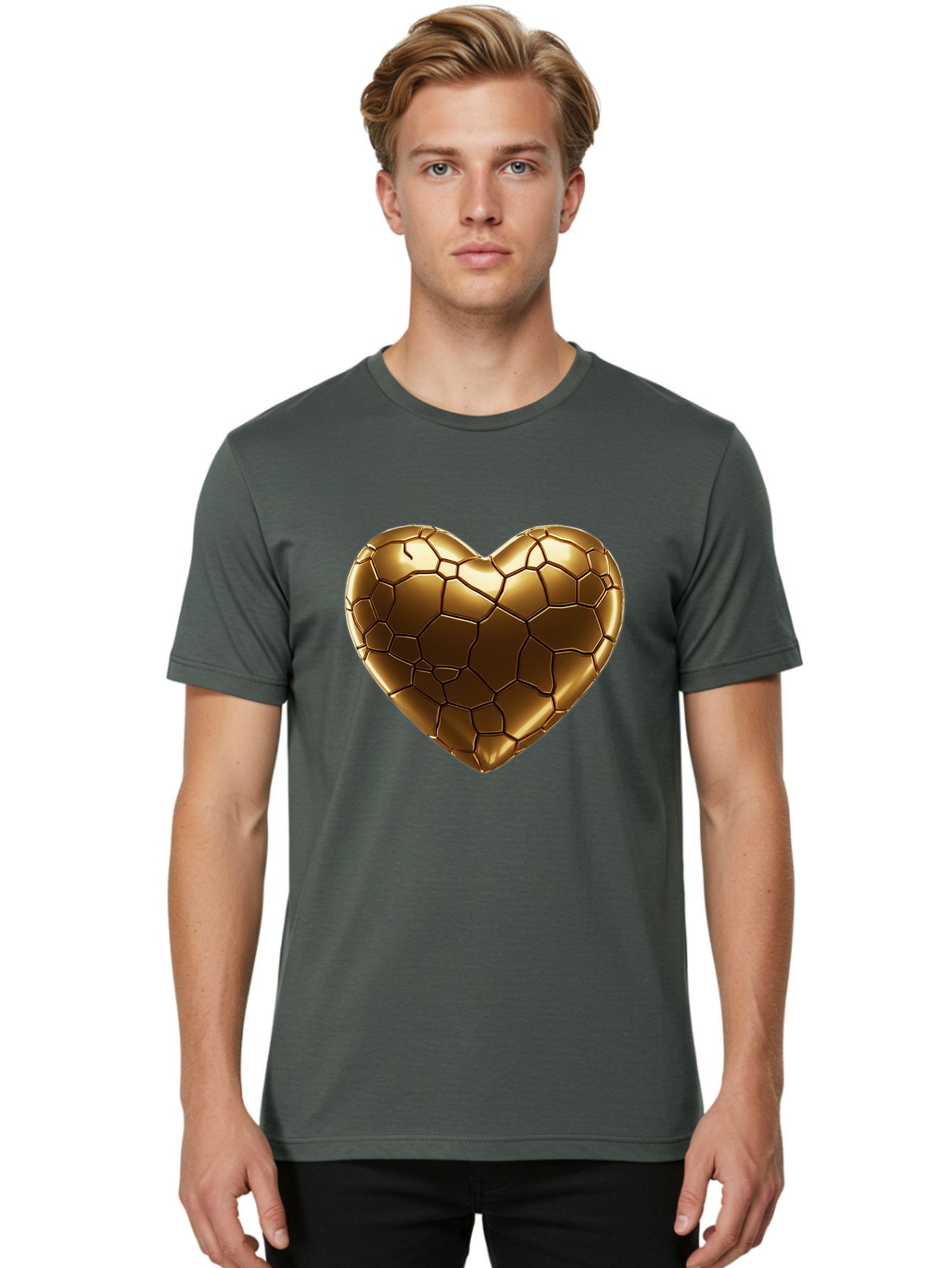 Gold-Heart Men'S Graphic Tee, 100% Cotton, Comfortable Casual Summer Wear, Machine Washable, Gold Heart, Mosaic Pattern, Heart-Shaped, Geometric Design, Luxury, Gold Finish, 3D Rendering, Cracked Pattern, Valentine'S Day, Love Symbol Bae023