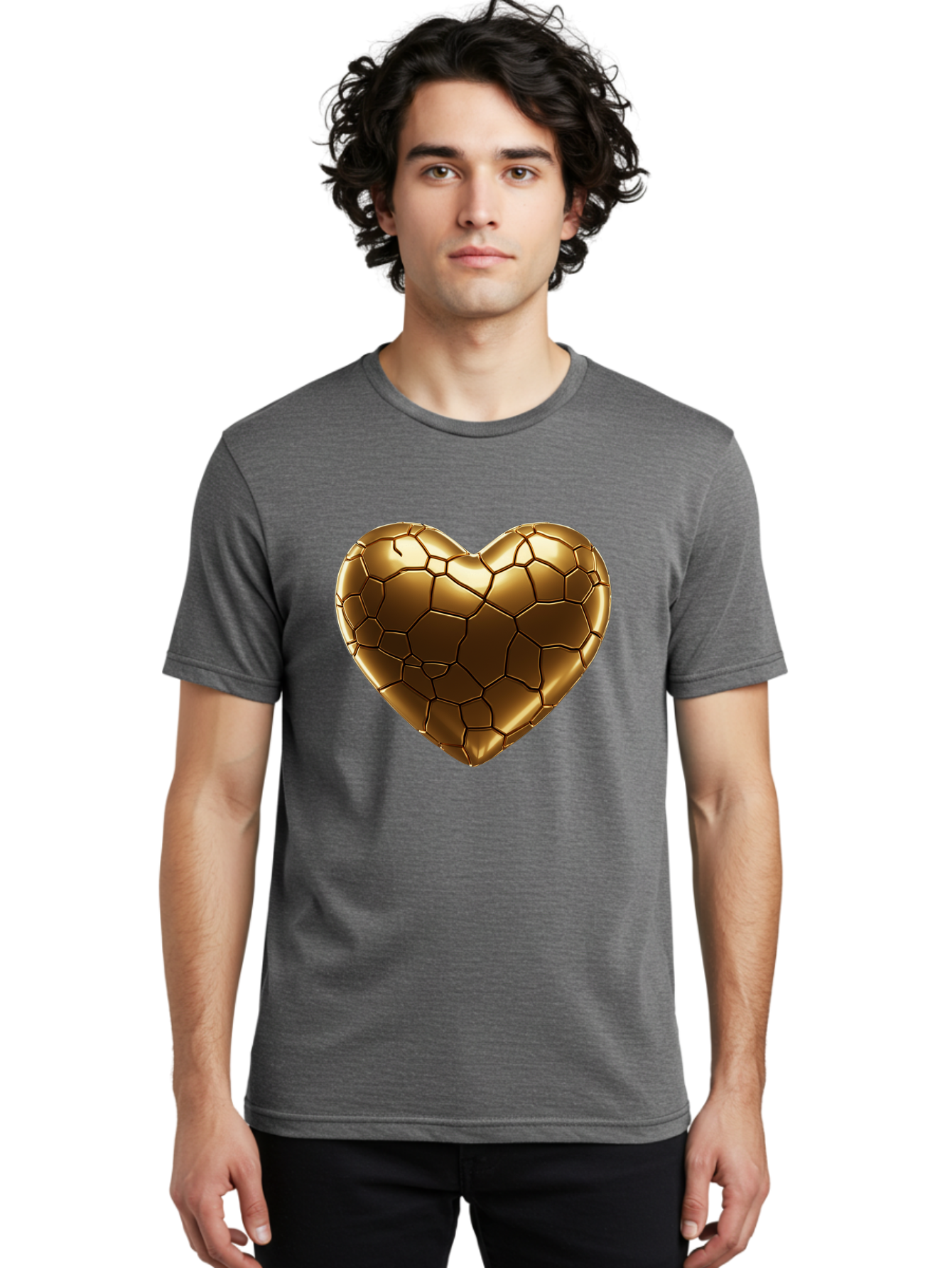 Gold-Heart Men'S Graphic Tee, 100% Cotton, Comfortable Casual Summer Wear, Machine Washable, Gold Heart, Mosaic Pattern, Heart-Shaped, Geometric Design, Luxury, Gold Finish, 3D Rendering, Cracked Pattern, Valentine'S Day, Love Symbol Bae023