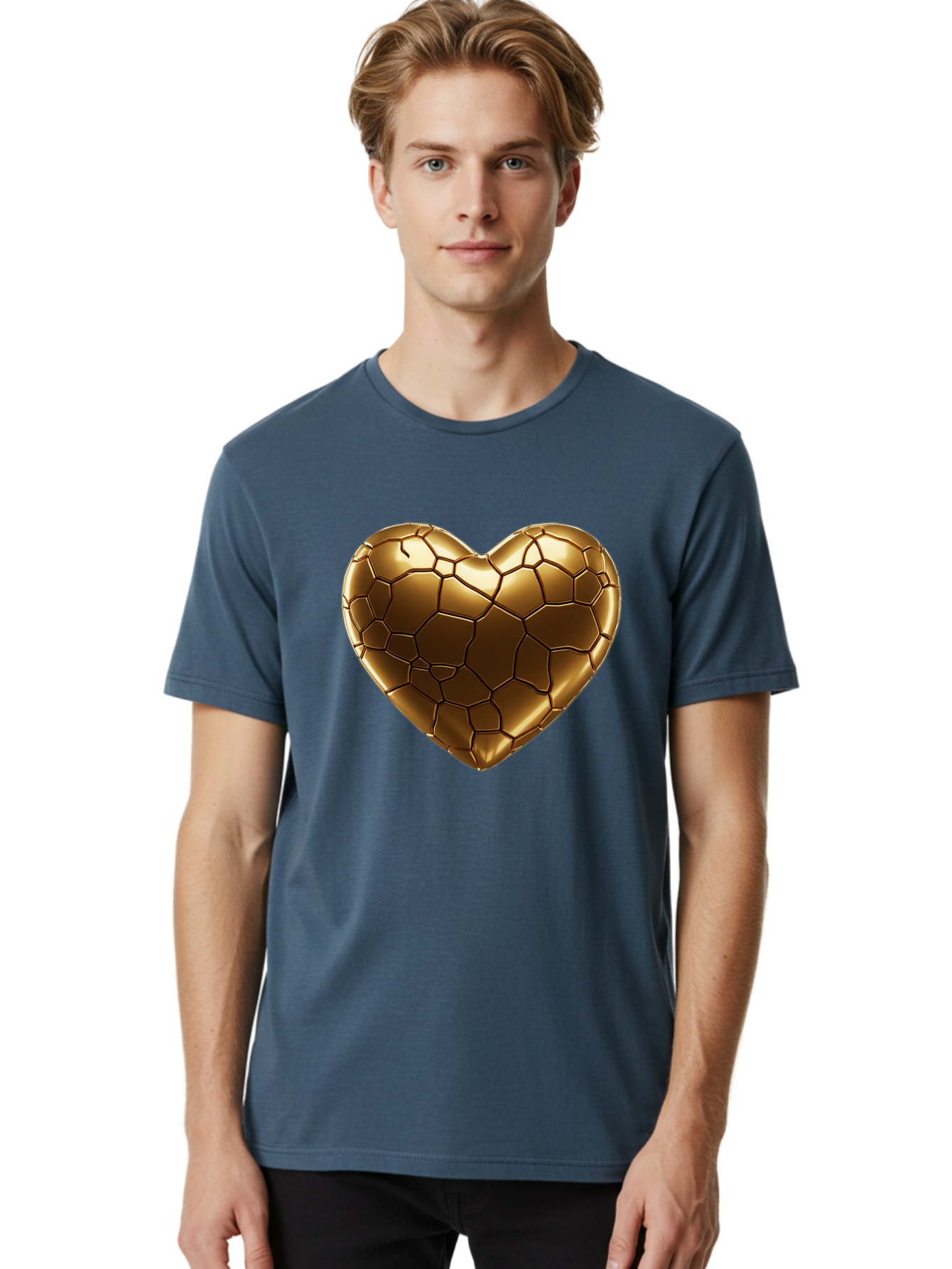 Gold-Heart Men'S Graphic Tee, 100% Cotton, Comfortable Casual Summer Wear, Machine Washable, Gold Heart, Mosaic Pattern, Heart-Shaped, Geometric Design, Luxury, Gold Finish, 3D Rendering, Cracked Pattern, Valentine'S Day, Love Symbol Bae023