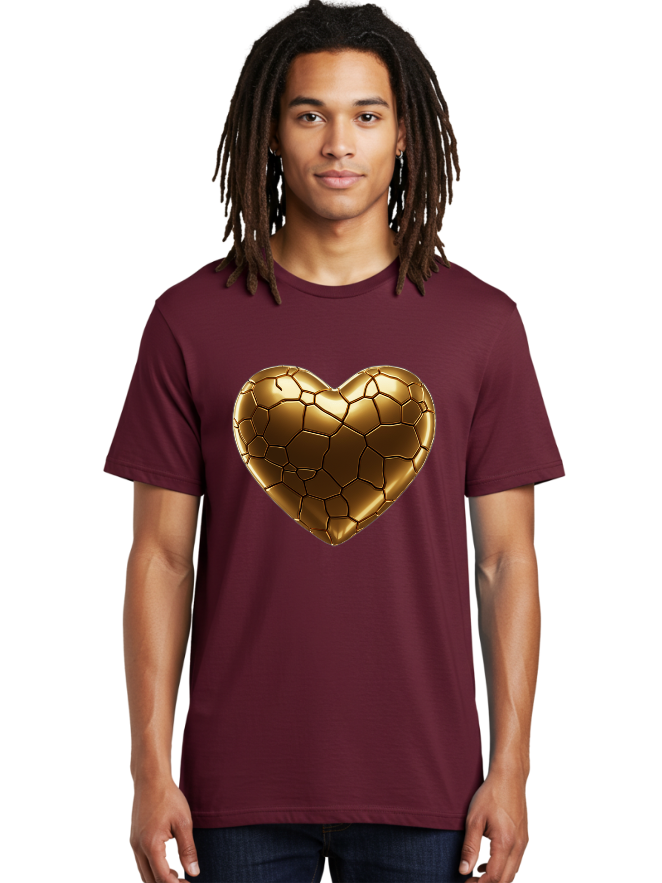 Gold-Heart Men'S Graphic Tee, 100% Cotton, Comfortable Casual Summer Wear, Machine Washable, Gold Heart, Mosaic Pattern, Heart-Shaped, Geometric Design, Luxury, Gold Finish, 3D Rendering, Cracked Pattern, Valentine'S Day, Love Symbol Bae023