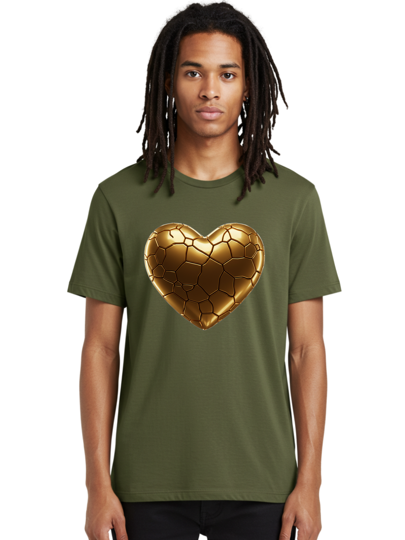 Gold-Heart Men'S Graphic Tee, 100% Cotton, Comfortable Casual Summer Wear, Machine Washable, Gold Heart, Mosaic Pattern, Heart-Shaped, Geometric Design, Luxury, Gold Finish, 3D Rendering, Cracked Pattern, Valentine'S Day, Love Symbol Bae023