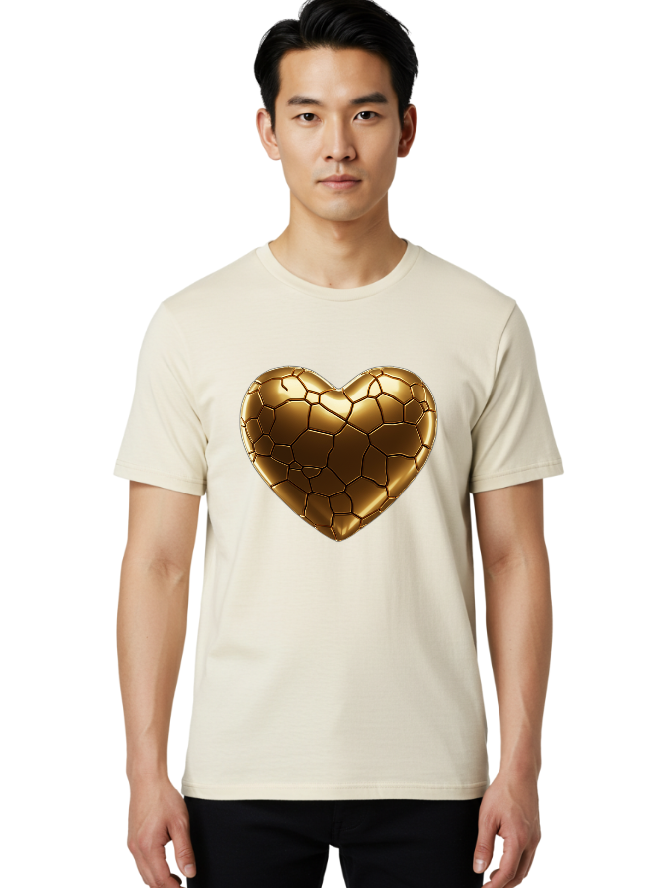 Gold-Heart Men'S Graphic Tee, 100% Cotton, Comfortable Casual Summer Wear, Machine Washable, Gold Heart, Mosaic Pattern, Heart-Shaped, Geometric Design, Luxury, Gold Finish, 3D Rendering, Cracked Pattern, Valentine'S Day, Love Symbol Bae023