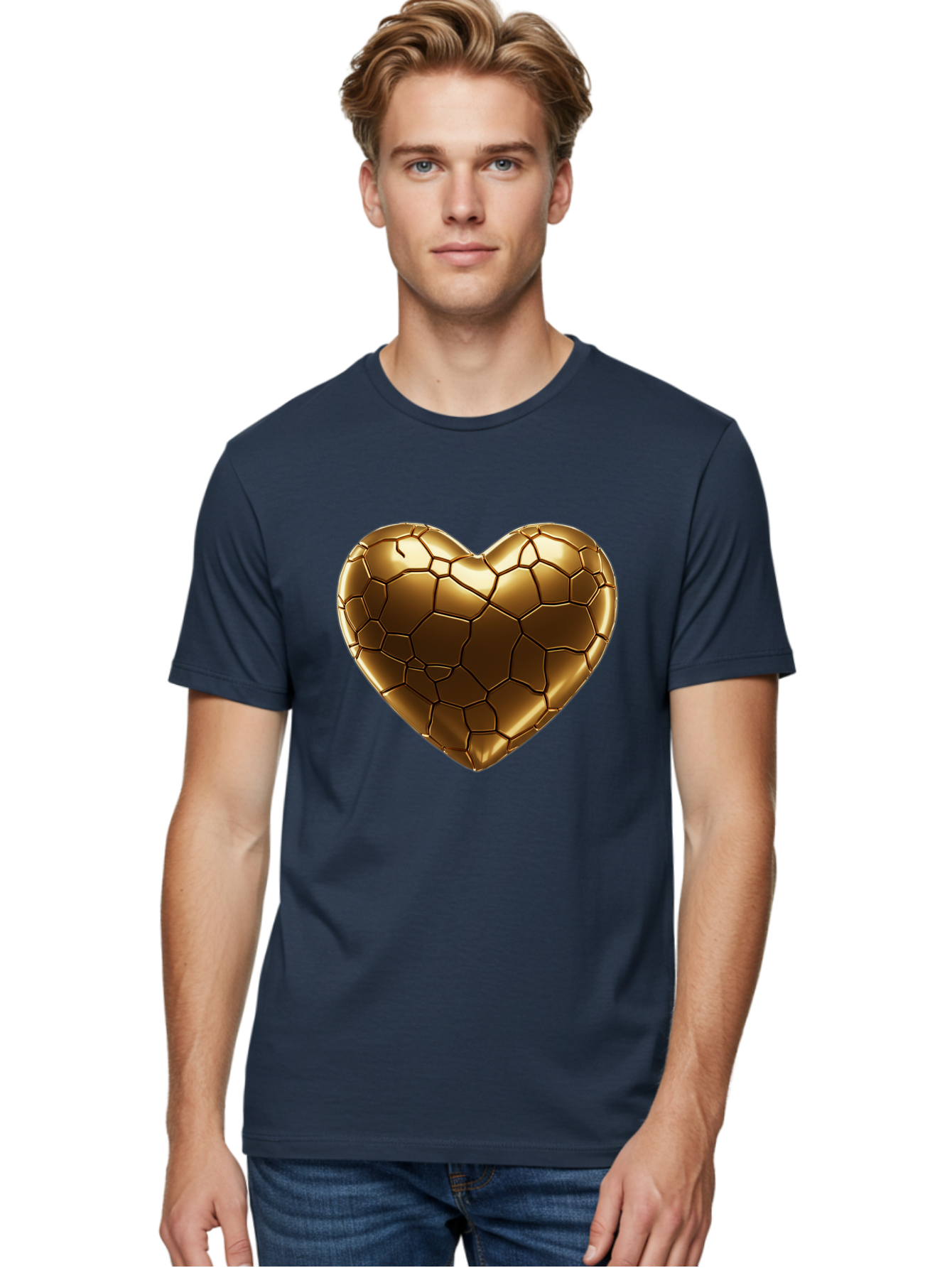 Gold-Heart Men'S Graphic Tee, 100% Cotton, Comfortable Casual Summer Wear, Machine Washable, Gold Heart, Mosaic Pattern, Heart-Shaped, Geometric Design, Luxury, Gold Finish, 3D Rendering, Cracked Pattern, Valentine'S Day, Love Symbol Bae023