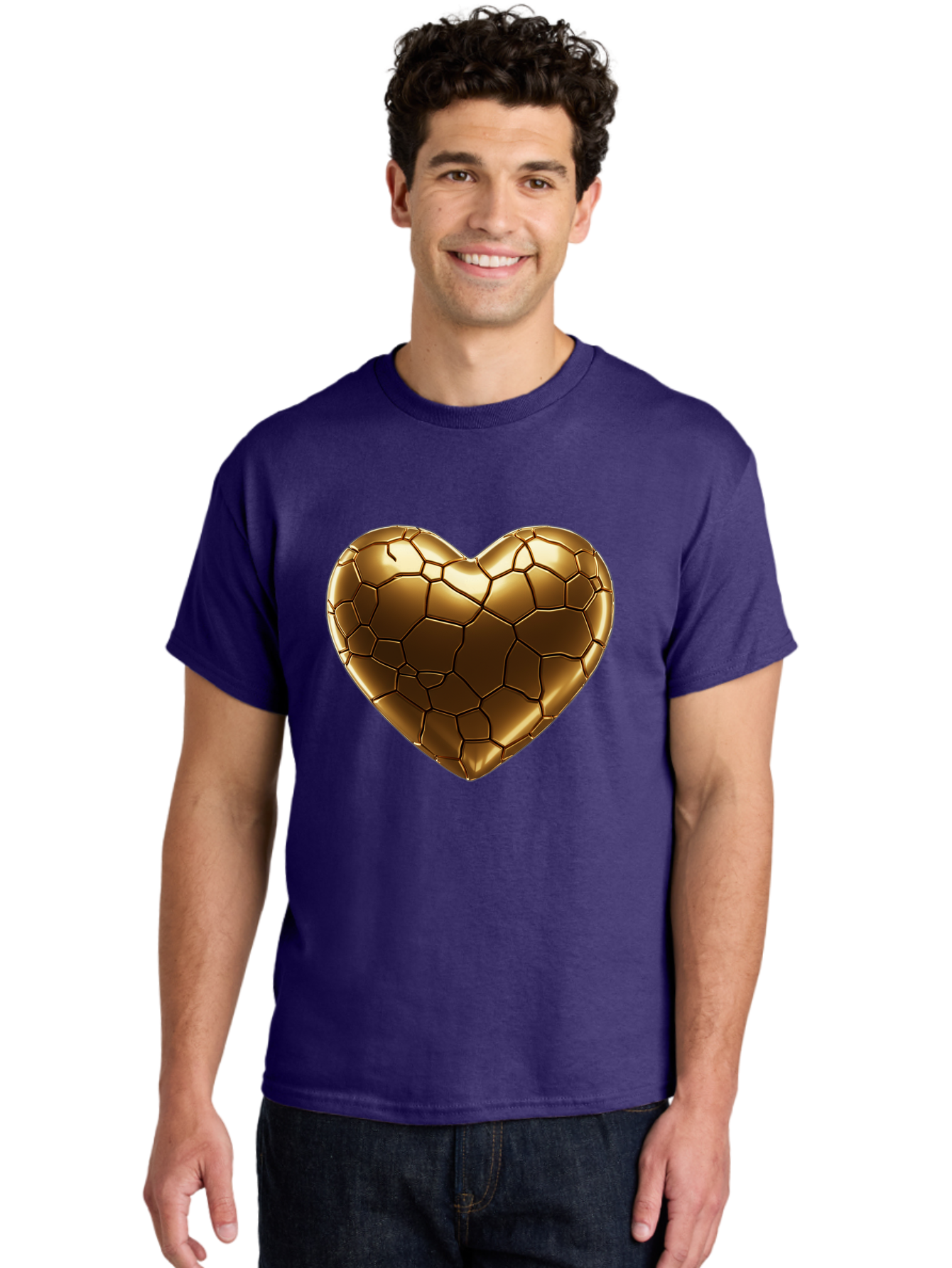 Gold-Heart Men'S Graphic Tee, 100% Cotton, Comfortable Casual Summer Wear, Machine Washable, Gold Heart, Mosaic Pattern, Heart-Shaped, Geometric Design, Luxury, Gold Finish, 3D Rendering, Cracked Pattern, Valentine'S Day, Love Symbol Bae023