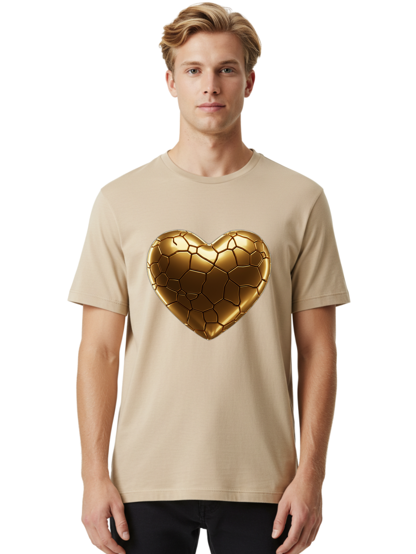 Gold-Heart Men'S Graphic Tee, 100% Cotton, Comfortable Casual Summer Wear, Machine Washable, Gold Heart, Mosaic Pattern, Heart-Shaped, Geometric Design, Luxury, Gold Finish, 3D Rendering, Cracked Pattern, Valentine'S Day, Love Symbol Bae023