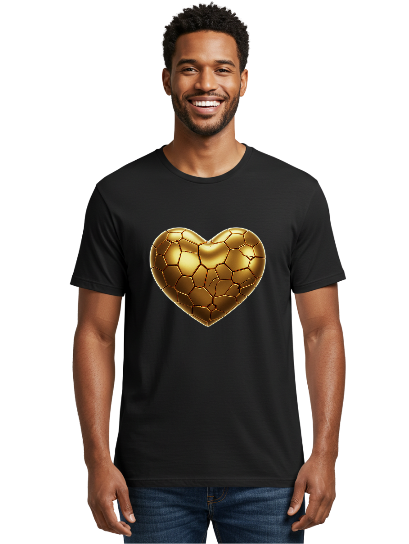Golden-Heart-1 Men'S Graphic Tee, 100% Cotton, Comfortable Casual Summer Wear, Machine Washable, Shiny Gold Heart, Cracked Surface, Metallic Texture, Valentines Day Symbol, Love Icon, Golden Love, Heart Shape, Luxury Design Bae024